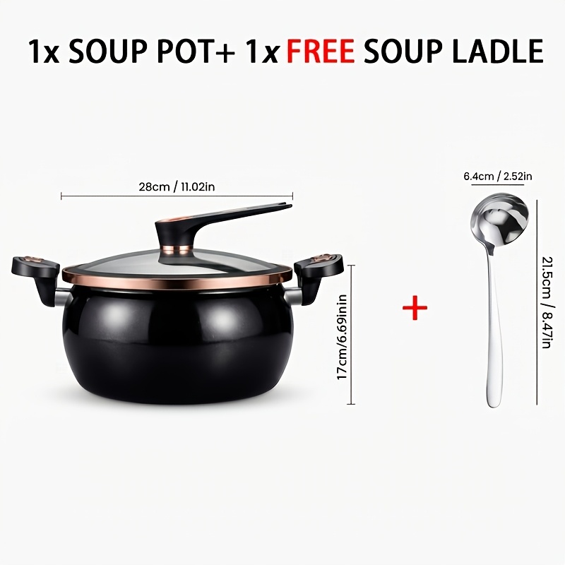 Image of 28cm Large Capacity Stew Pot With Locking Lid - Versatile Pot For Quick Soups & , Compatible With Gas Stoves, Elegant Black & , Glass Lid, Fashionable Options - Gift