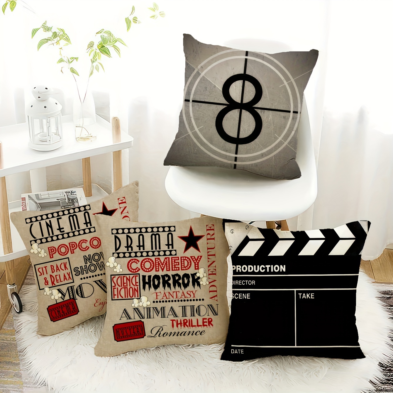 

JIT4pcs, housse de coussin en peluche courte Housse de coussin Housse de coussin Ultra douce simple face 18in*18in Motif de film vintage Taie d'oreiller pour canapé Coussin de coussin