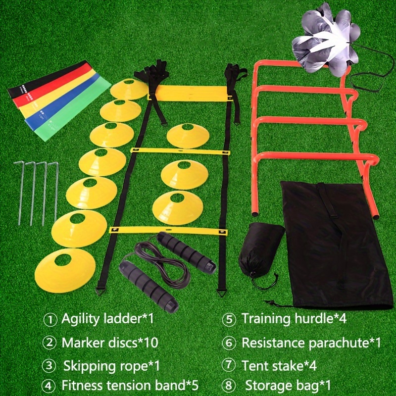 

Agility Training Set With Ladder, Jump Rope, Disc Cones, Resistance Parachute, Adjustable , And Carry Bag - Universal & Agility Fitness Equipment Kit For Adults & Youth 14+, Polypropylene Material