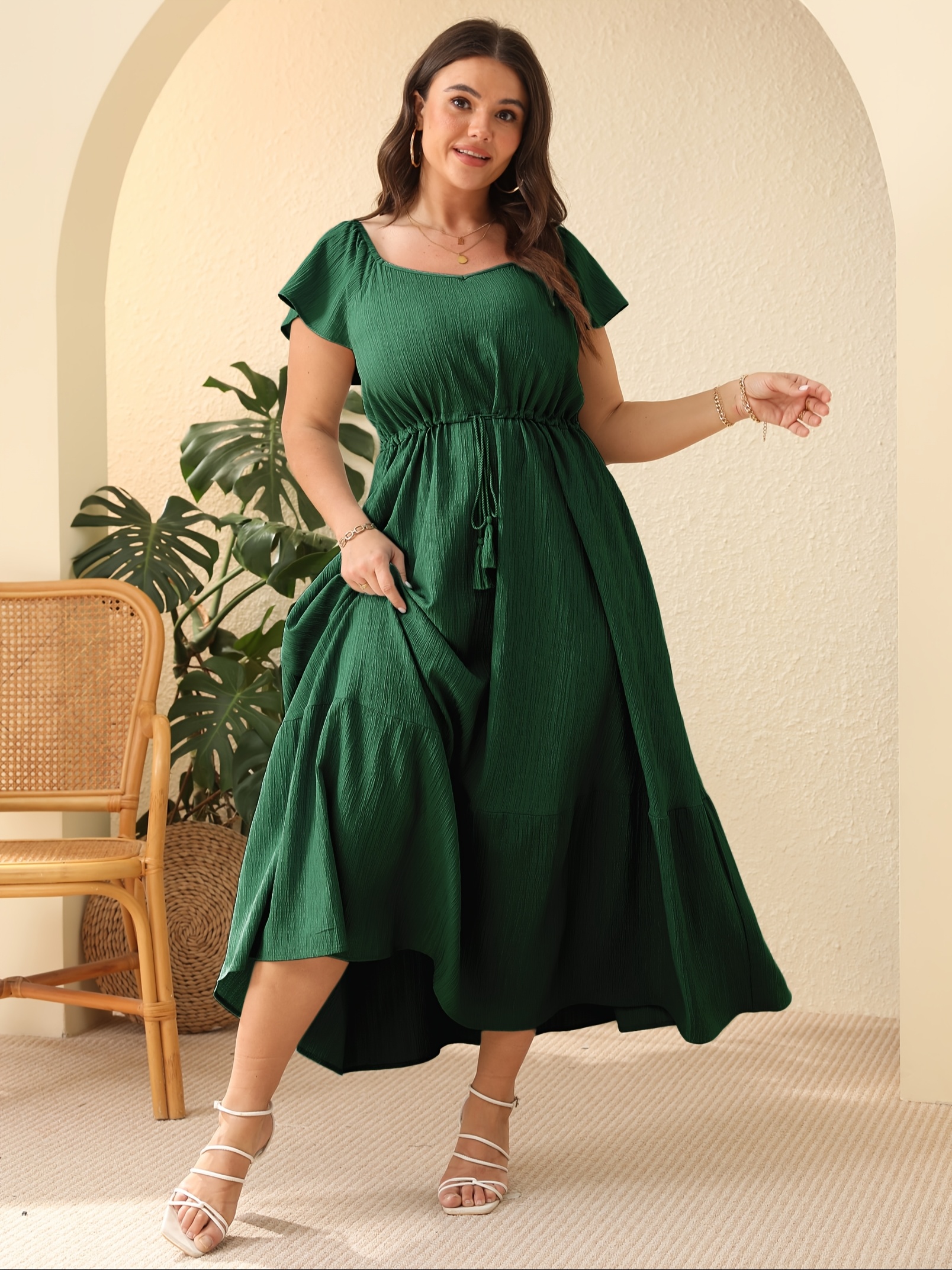 women plus size boho maxi dress short sleeves high waist - Temu