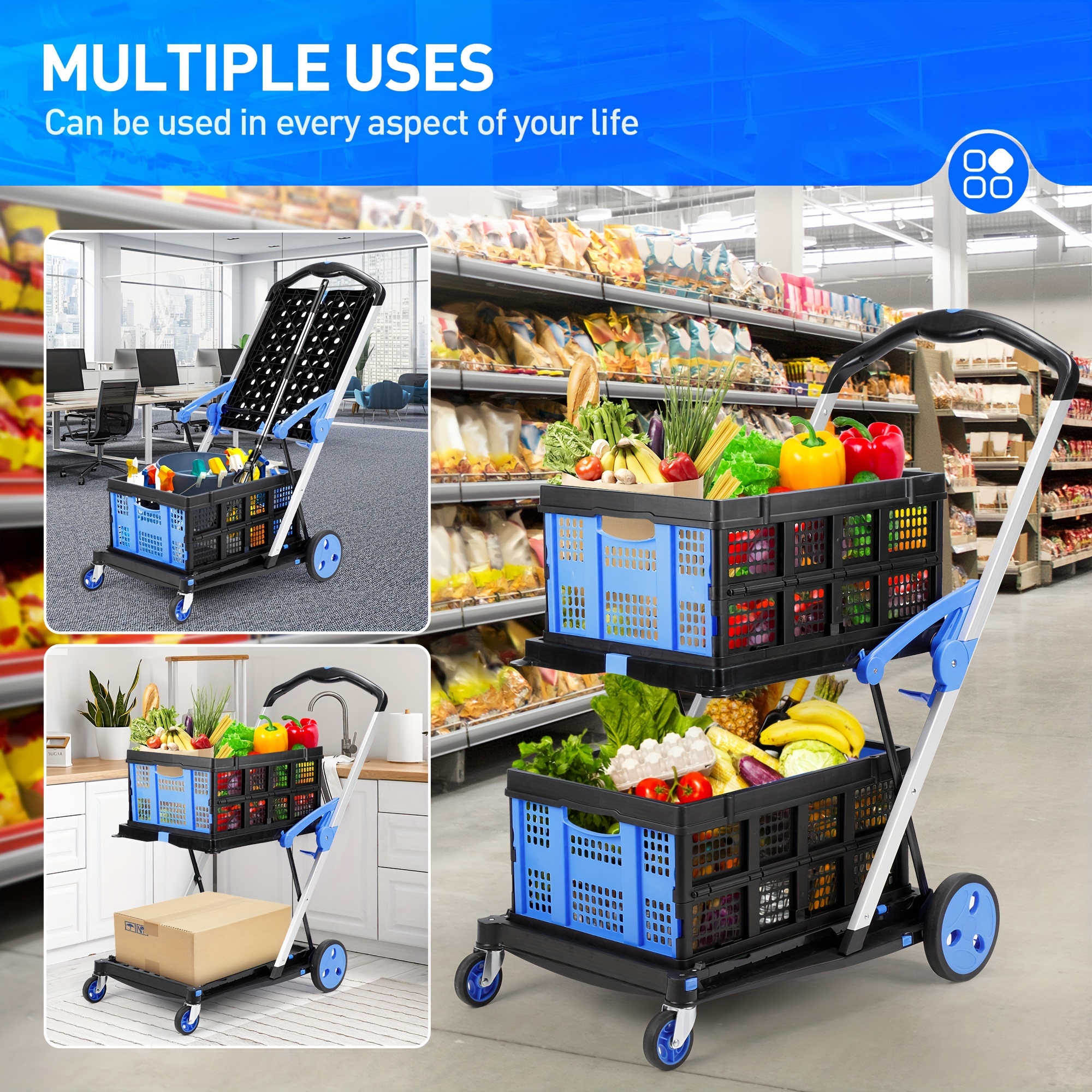 

Multi Use Functional Collapsible Carts, Mobile Folding Trolley, Storage Cart Wagon, Shopping Cart With 2 Storage Crates