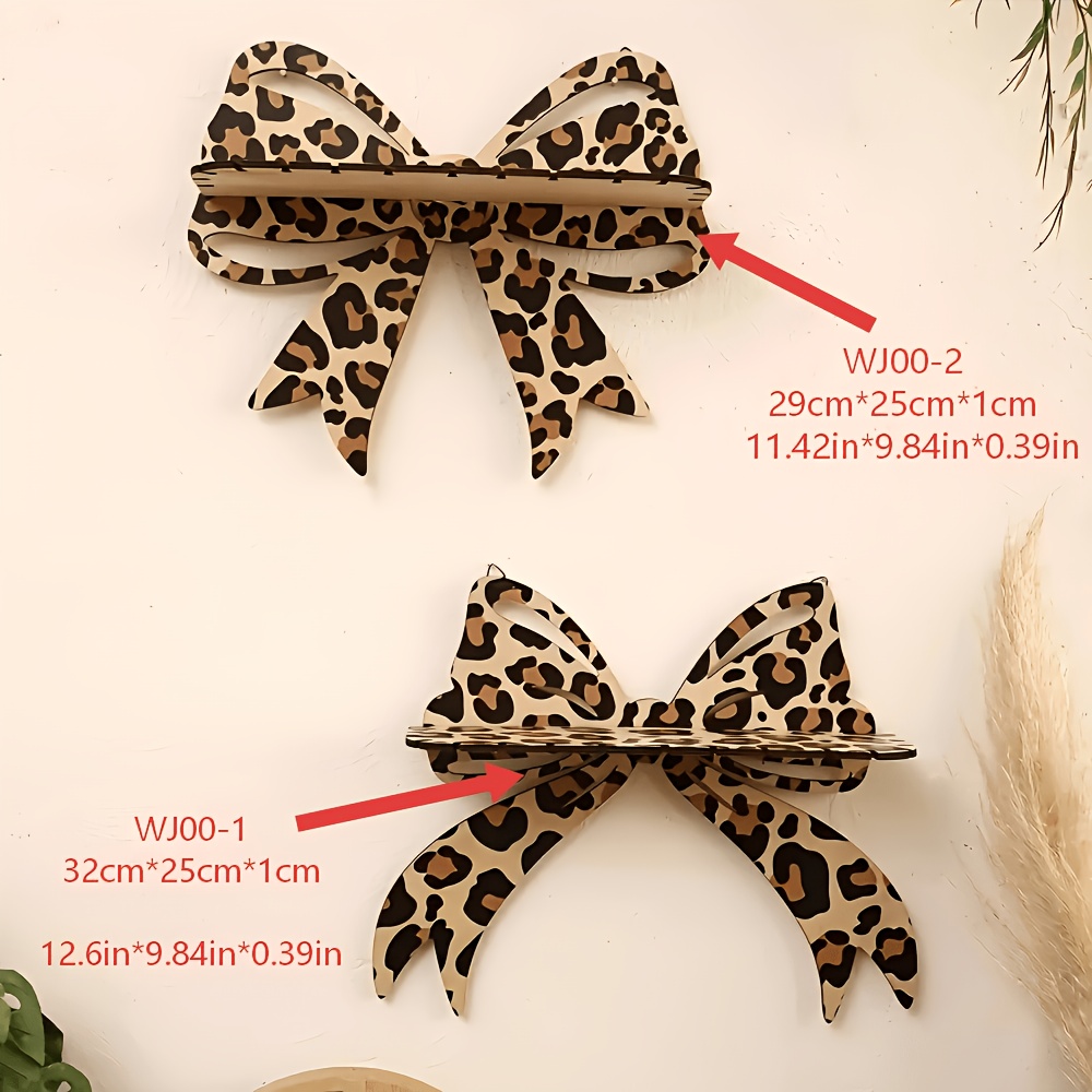 TEMU Bohemian Style Wooden Leopard Print Bow Wall Shelf- Fashionable Hanging Storage And Decorative Display, Suitable For Home, Office Or As A Gift,