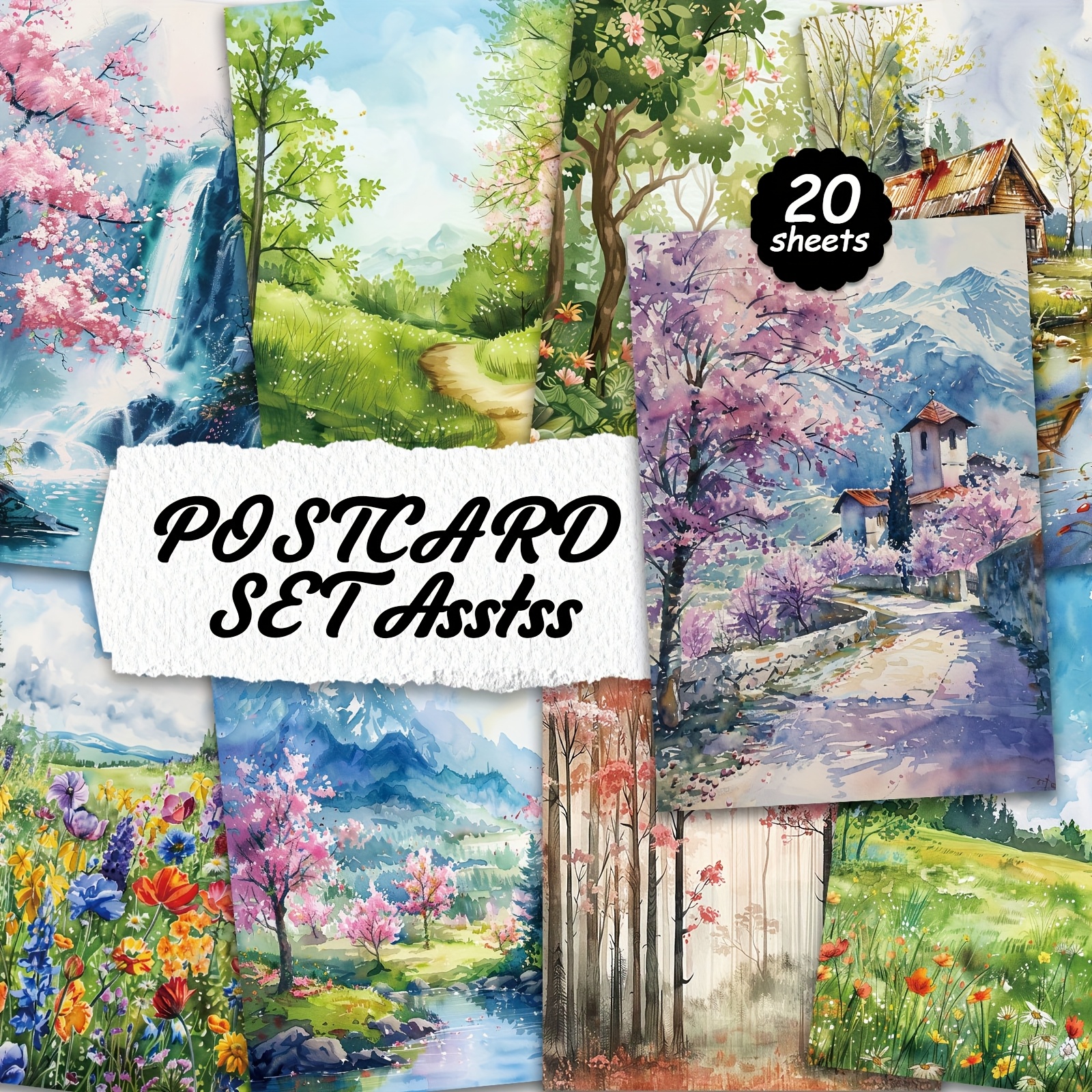TEMU Set Of 20 Watercolour Landscape-style Postcards For Writing On Cardboard, Smooth Surfaces, English Scrapbooks, Junk Diaries, Crafts, Greeting