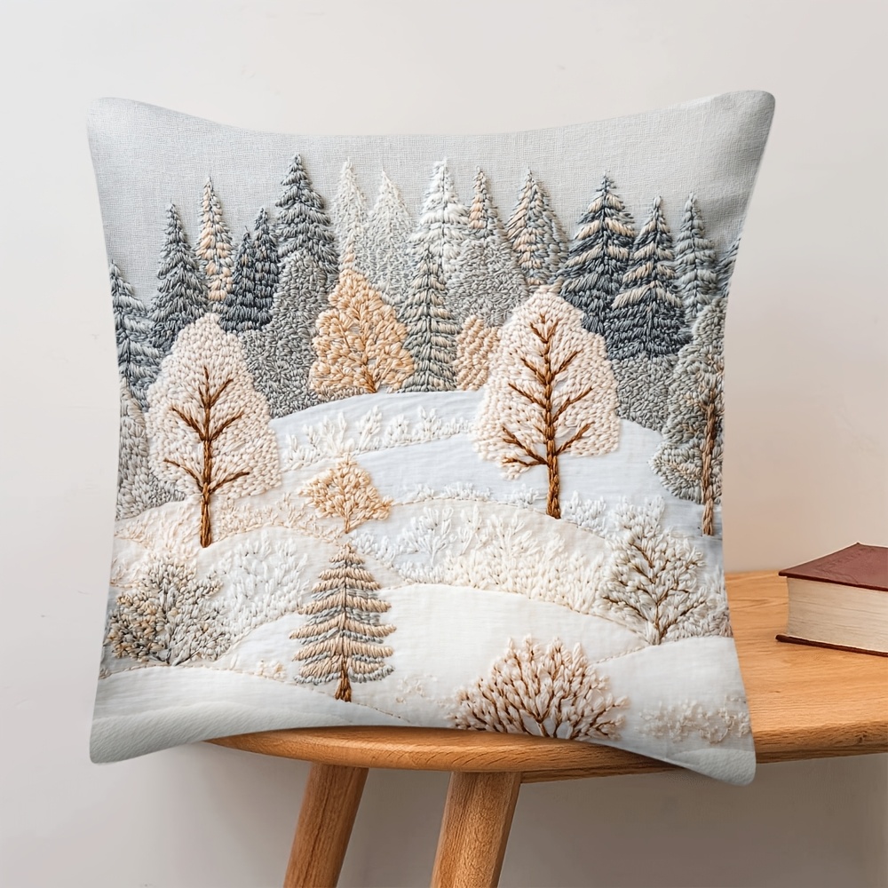 

1pc Scandinavian Plush Pillow Cover With Intricate Winter Embroidery In Soft Pastel Colors – Living Room, Bedroom, Or Office Decor, 18×18 Inch (45×45cm), Machine Washable Polyester