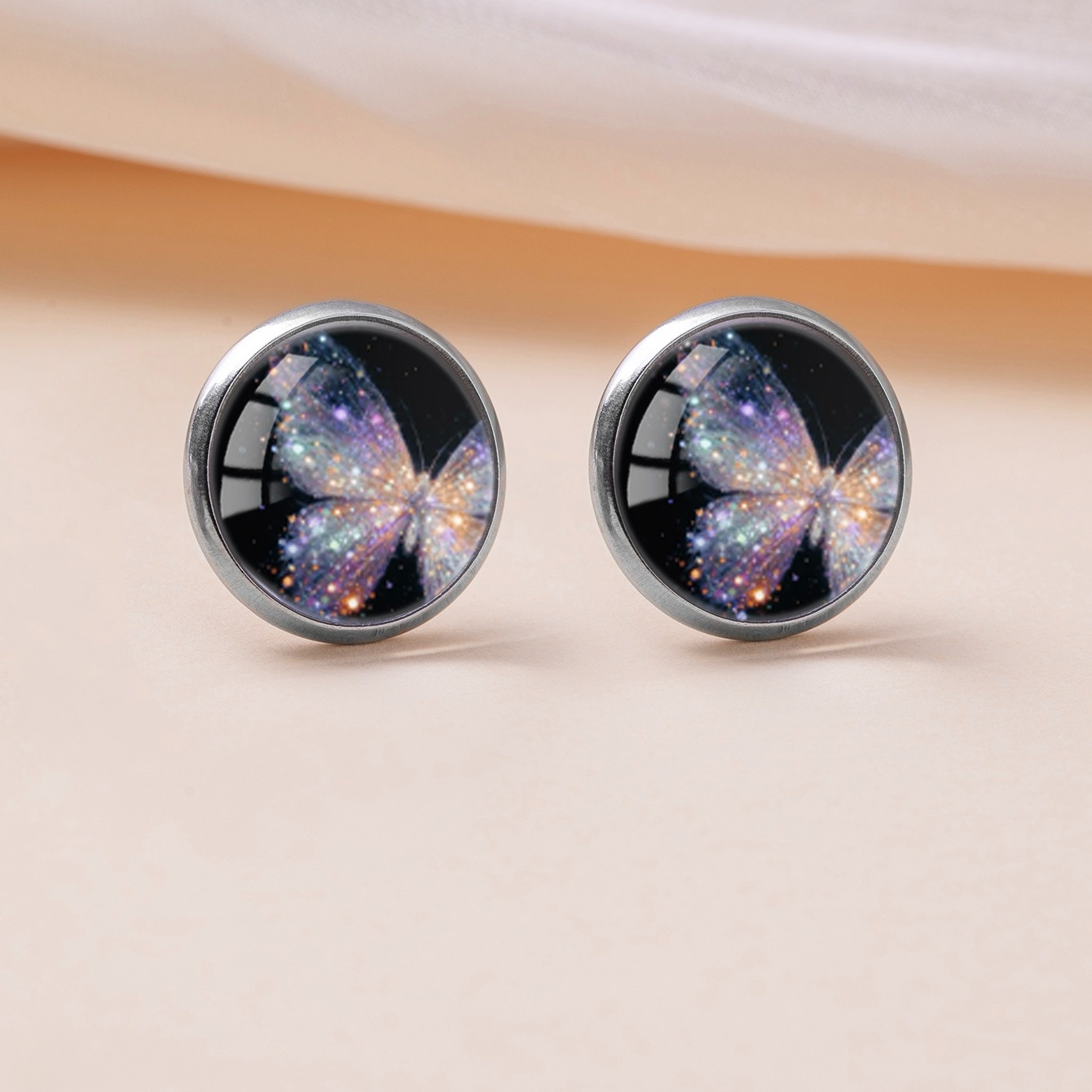 Black Glitter Butterfly Pattern Earrings with Stainless Steel Posts