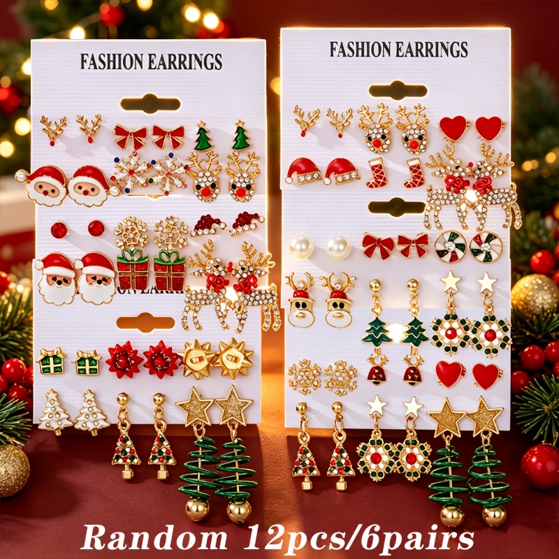 TEMU Random 12/24/36/48/60pcs Christmas Themed Multi-pair Stud Earring Set, Multiple Styles, Alloy With Oil-drop Process, Strong Festive Atmosphere,