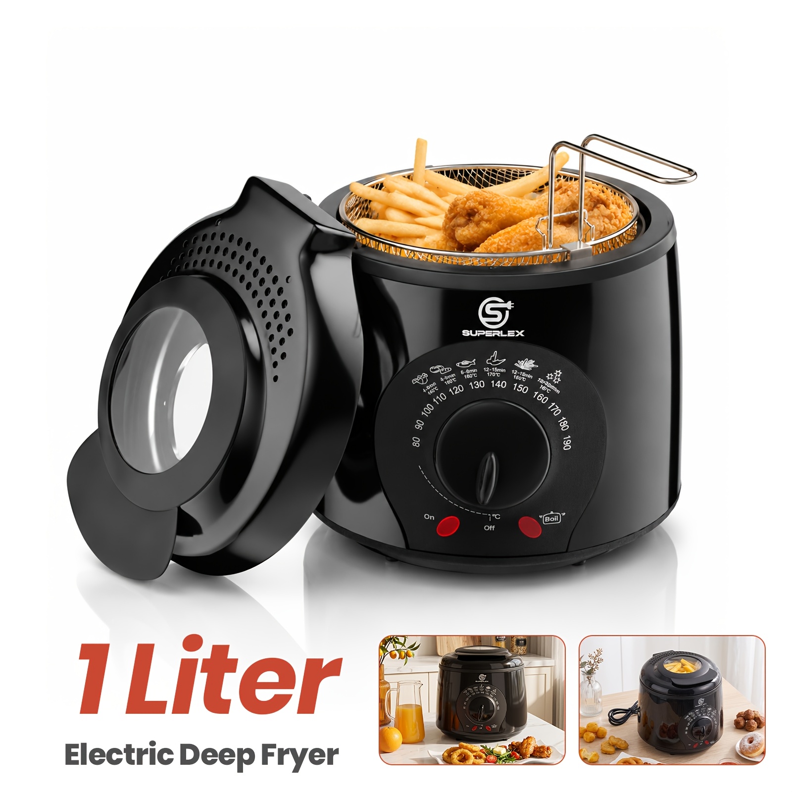 TEMU SUPERLEX Elektrische Heißluftfritteuse für den Heimgebrauch, 1 Liter Fritteuse mit Korb, Multikocher, einstellbare Temperatur, Deckel mit