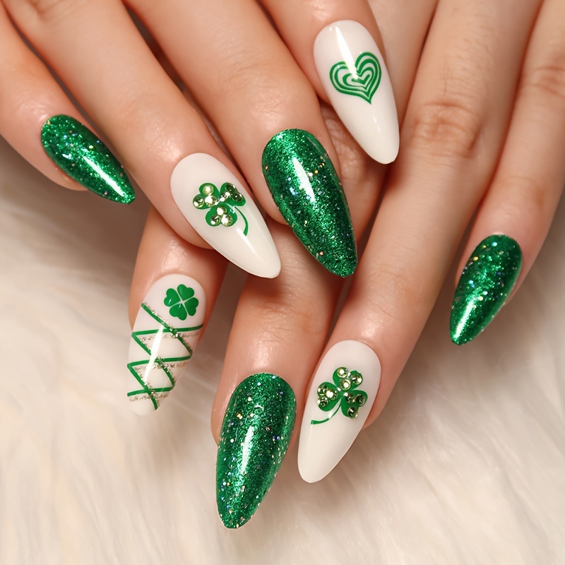 French Green Fake Nails with 3D Rhinestones Luxury Full Cover Press On Nail  Tips