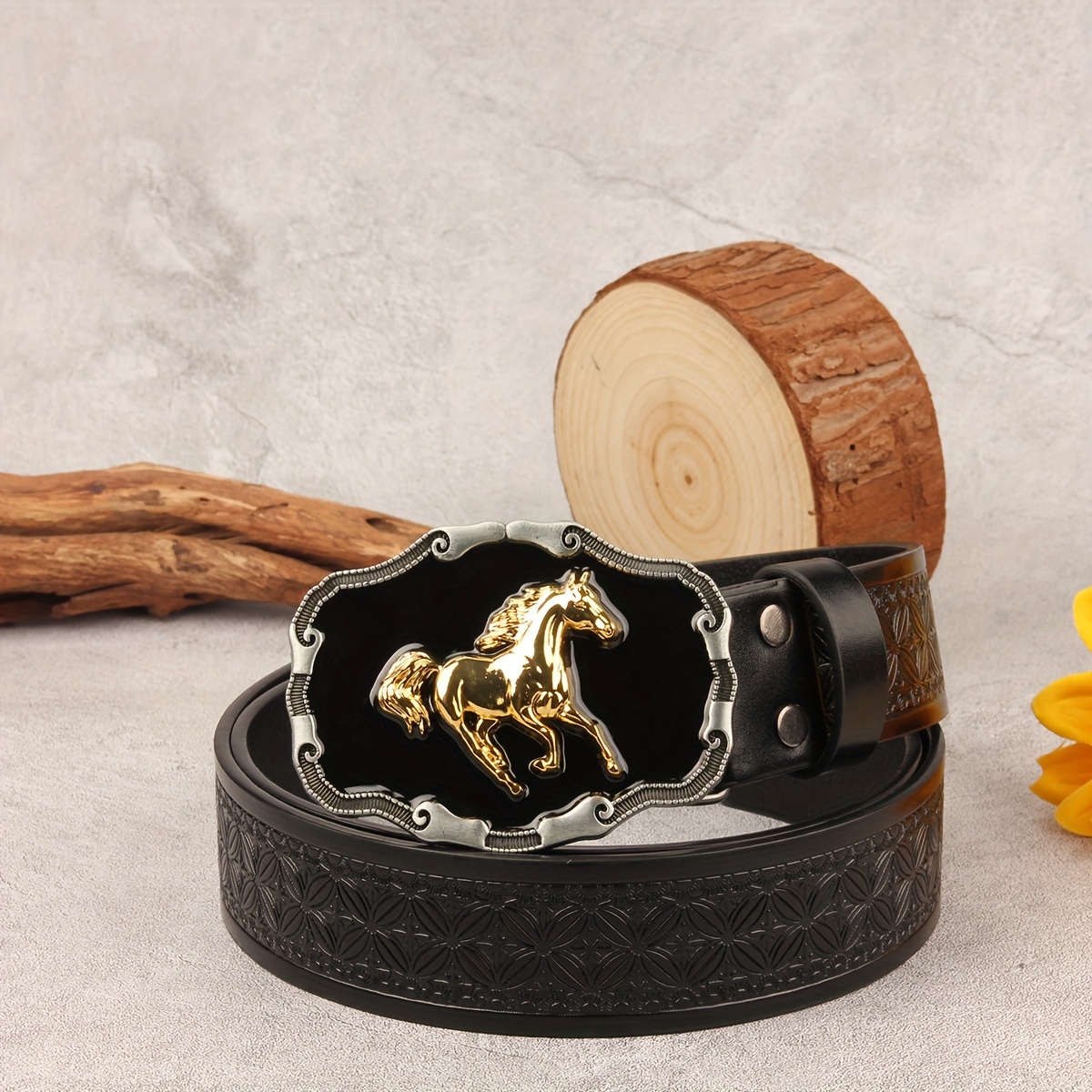 Men's Western Wide Belt with Perforated Buckle Pattern