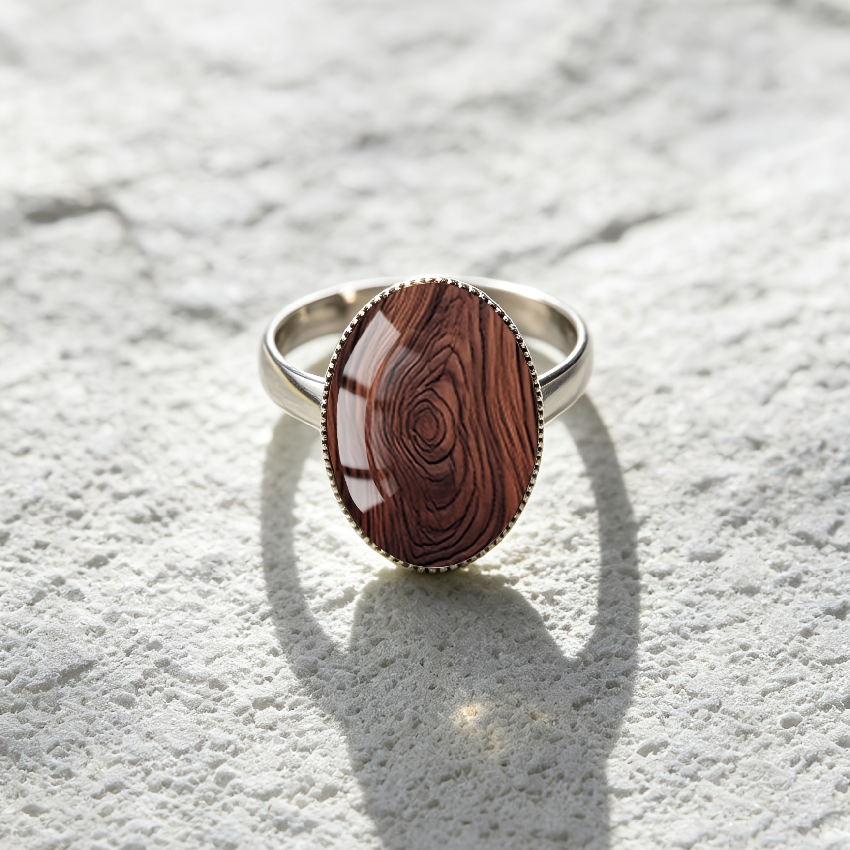 Dark Brown Swirl Wood Grain Pattern Stainless Steel Oval Open Ring