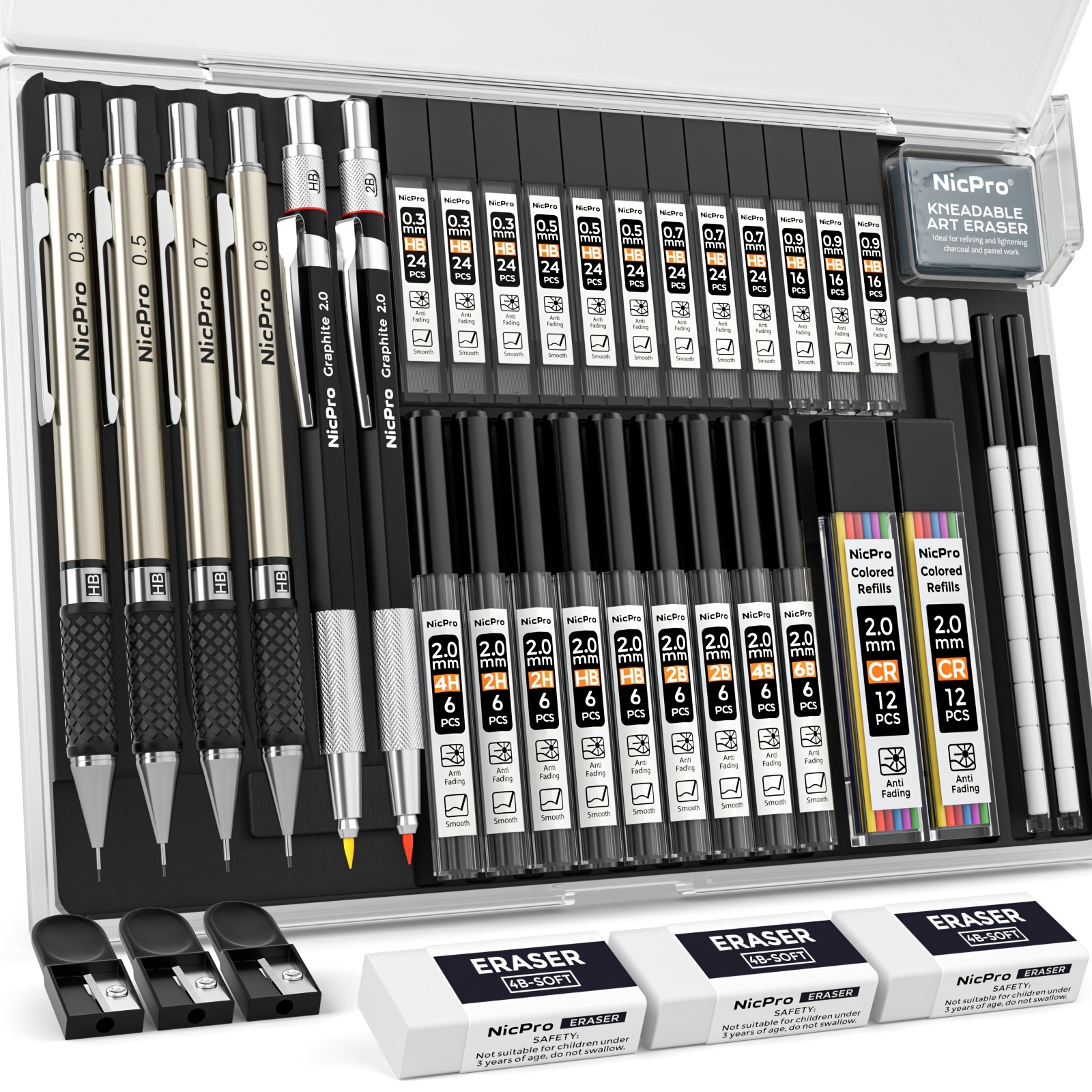 TEMU Set da 6 matite meccaniche artistiche, 4 matite da disegno in metallo 0,3mm & 0,5mm & 0,7mm & 0,9mm & 2 portamine da 2mm (6B 4B 2B HB 2H 4H) per