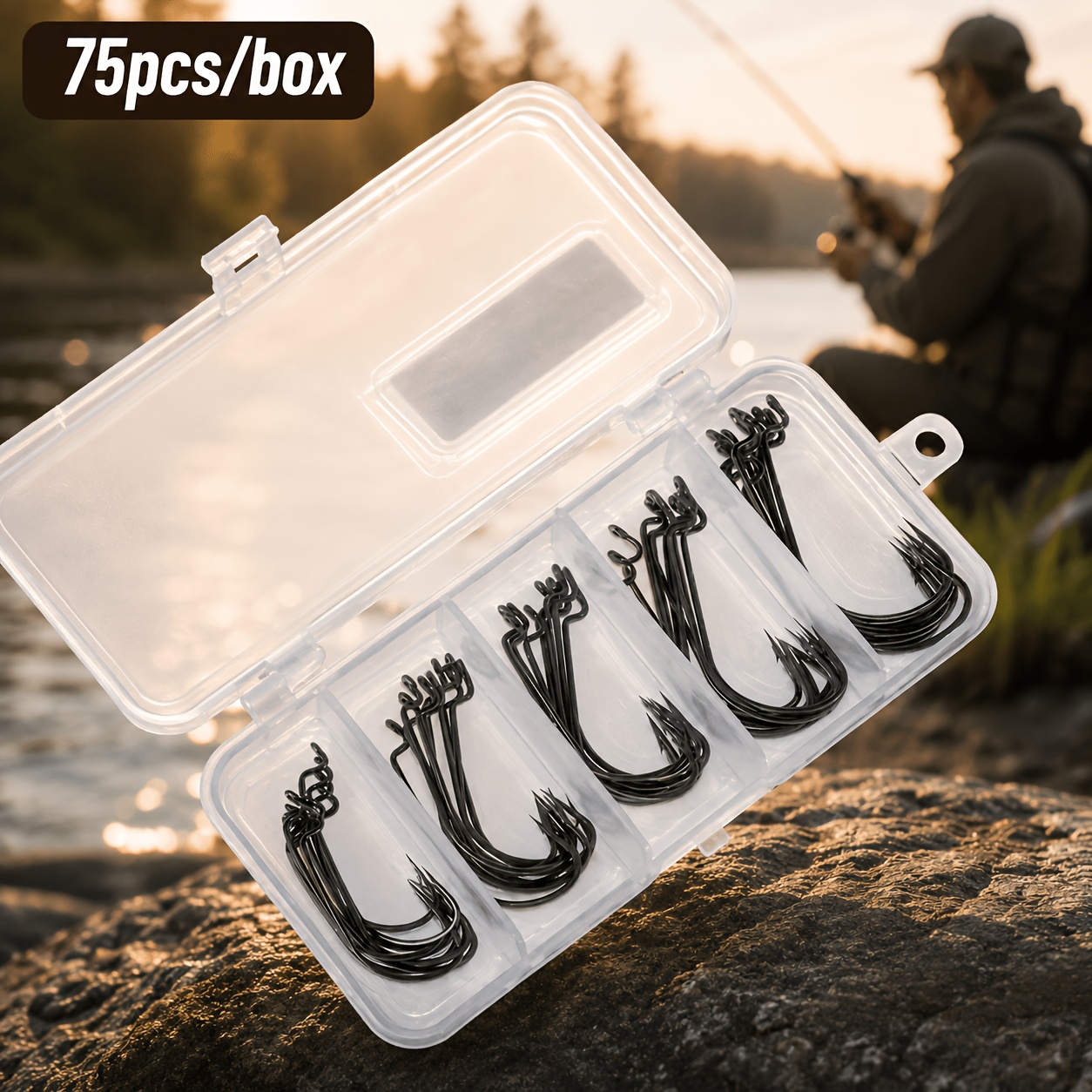 TEMU 75pcs/Boîte Hameçons Offset EWG, Ensemble de 5 Tailles en Acier à Haute Teneur en Carbone pour Hameçons de Pêche Texas Rig, Leurres en Plastique