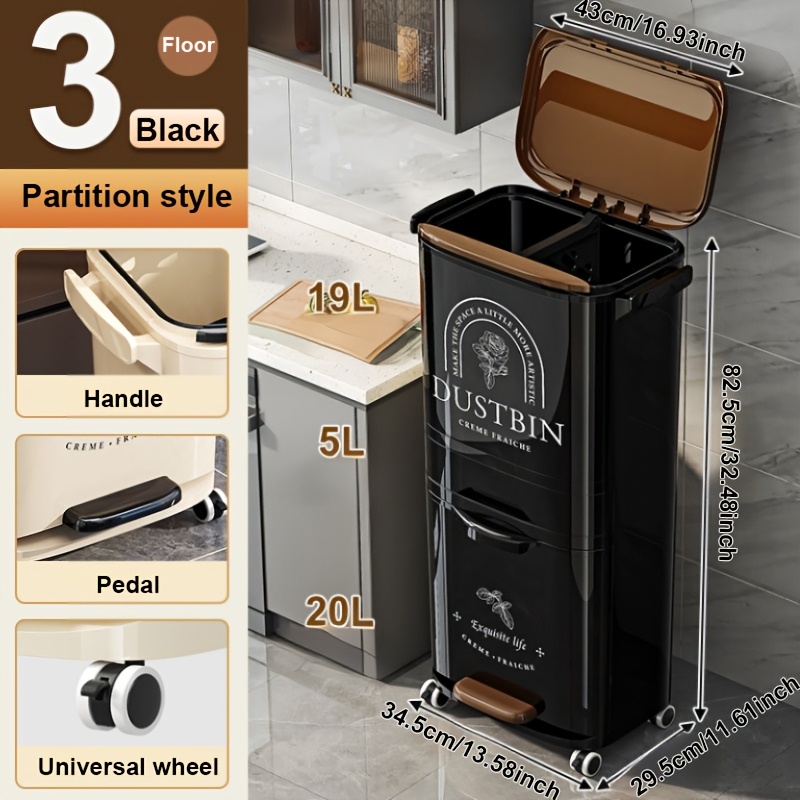 1pc Large Capacity Heavy-Duty Kitchen Trash Can with Foot Pedal Lid & 2-3-Tier Storage Compartments - 39L-44L Heavy-Duty PP Rectangular Bin with Locking Mechanism, Manual Operation, Durable Polypropylene Construction for Home, Office, Commercial Use - Space-Saving Design, Odor Control, Easy Rollable Mobility (No Electricity Required) - Ideal for Wet/Dry Waste Sorting