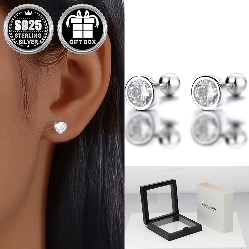 Classic Geometric Round Zirconia Stud Earrings 925 Silver No Plating