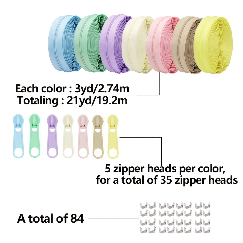 TEMU 1 Set = 19.2m/21 Yards #3 Nylon Coil Zipper With 84 Bottom Stoppers, Multi-length Sewing Zipper Tape Set, Cuttable Length, Suitable For Apparel,