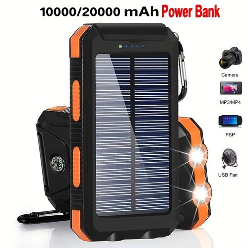 10000/20000mAh Portable Solar Power Bank, Portable Solar Mobile Phone Charger, Camping External Battery Charger for Mobile Phones, for iPhone, Samsung, Android Portable Charger, 2 USB/ LED Flashlights with Compass for Outdoor Activities