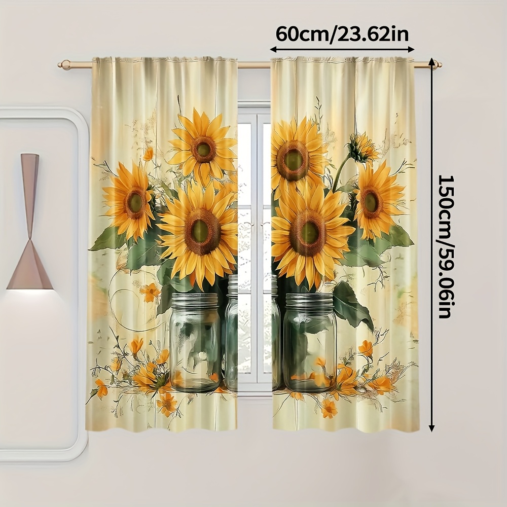TEMU 2pcs Chic Sunflower & Floral Print Curtains - 100% Polyester, Light-filtering For Bedroom, Living Room, Office Decor - Machine Washable, Rod