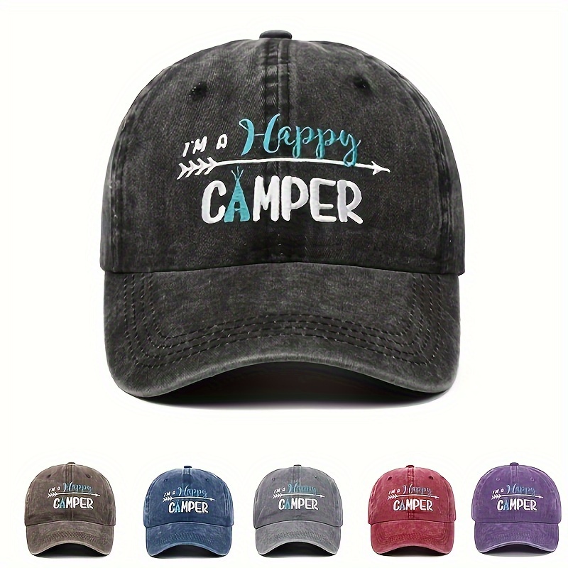 

Cool Hippie Curved Brim Baseball Cap, Im A Happy Camper Print Distressed Cotton Trucker Hat, Snapback Hat For Casual Leisure Outdoor Sports