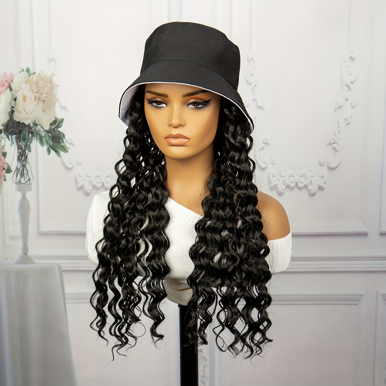 Hat Wig Bucket Hat Curly Hair Hat Wigs Long Deep Wave Hair Wigs