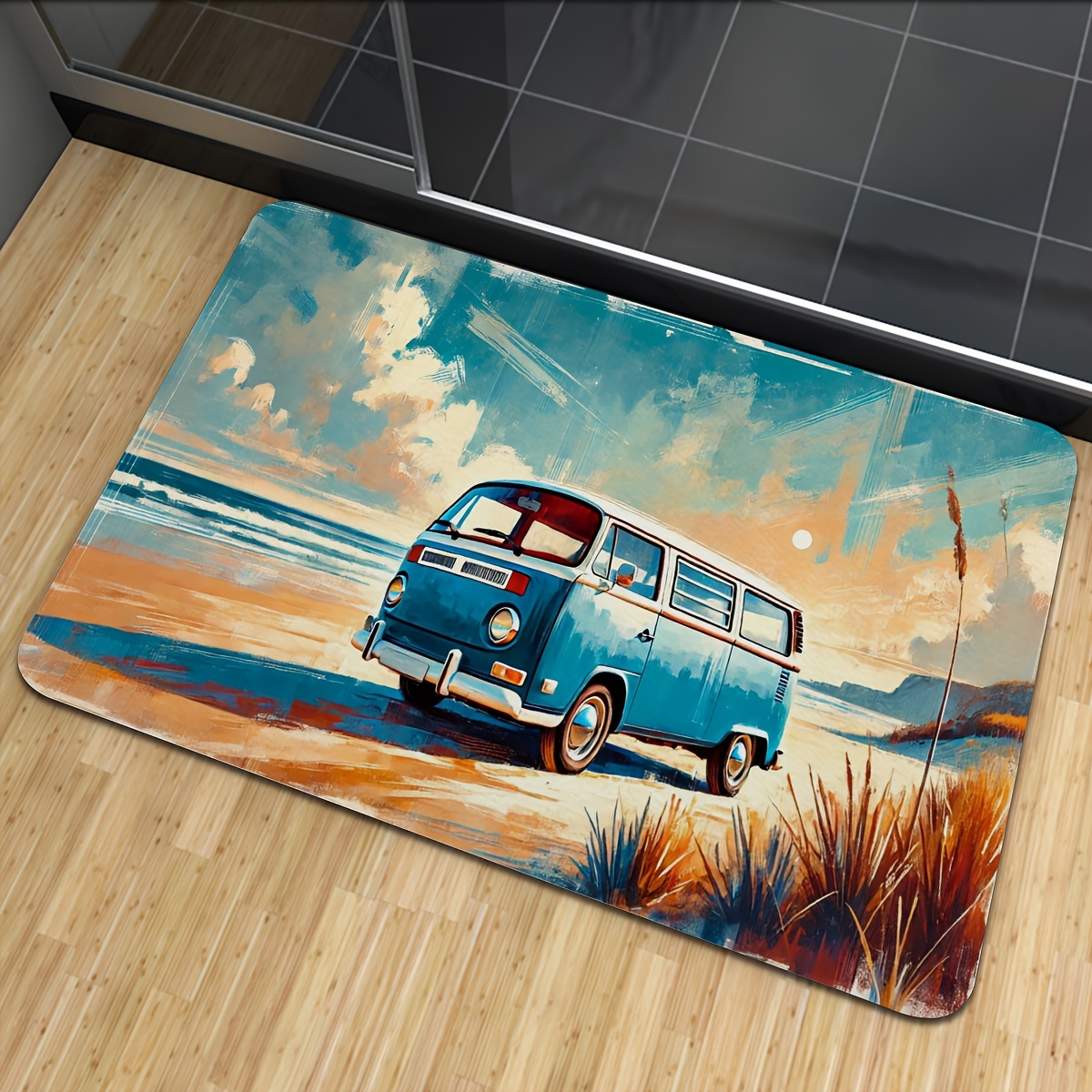 

Beachside Bus Print Bath Mat, Non-slip Back, Machine Washable, Polyester Flannel Rug, Tpr Backing, Indoor Floor Mat For Bathroom, Kitchen, Bedroom, Office - 15.4x23.4 Inches, Home Decor Carpet