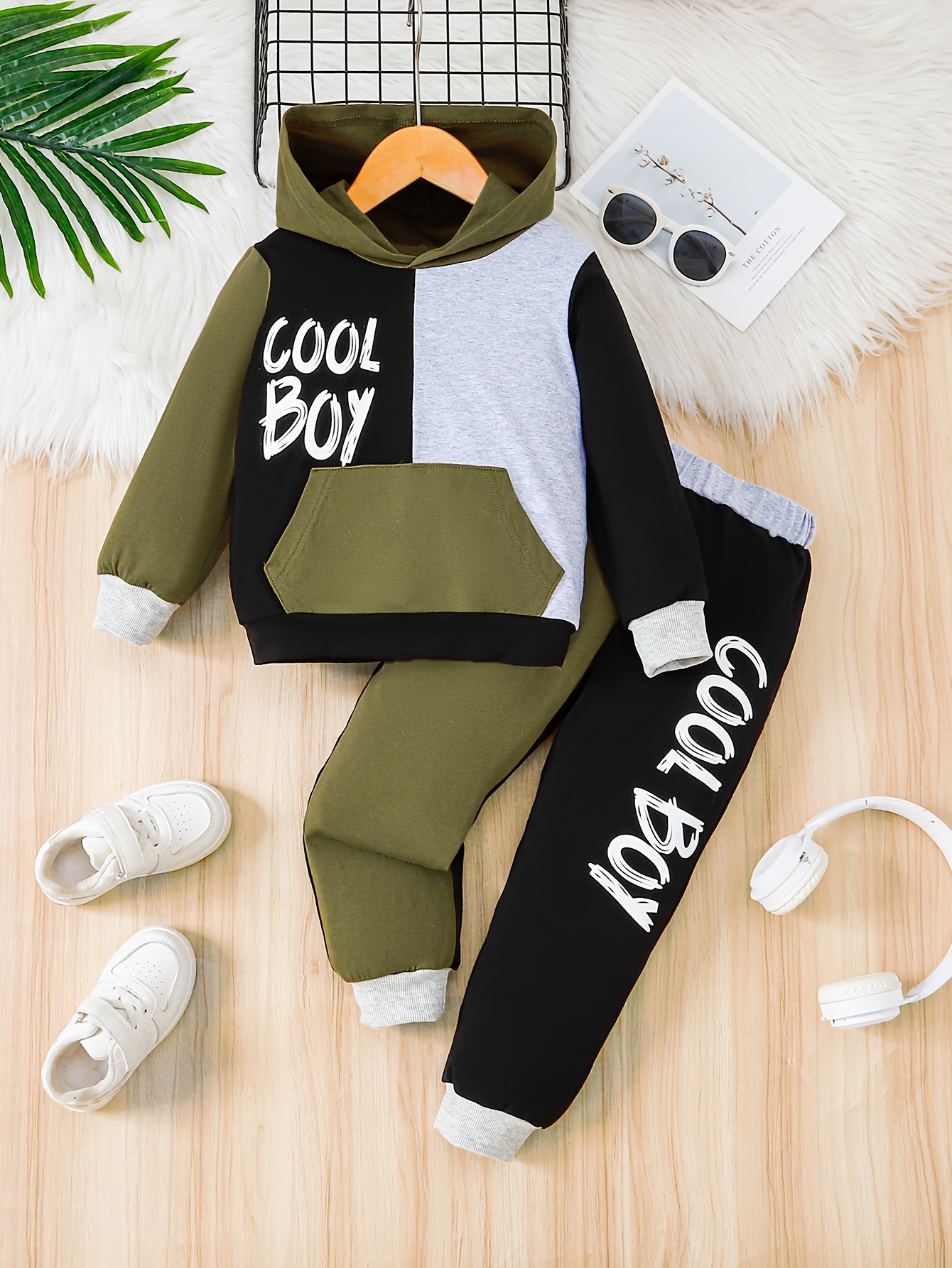2pcs Boys' Cool Boy Letter Print Hooded Patchwork Long Sleeve and Pants Set, Perfect for Outdoor
