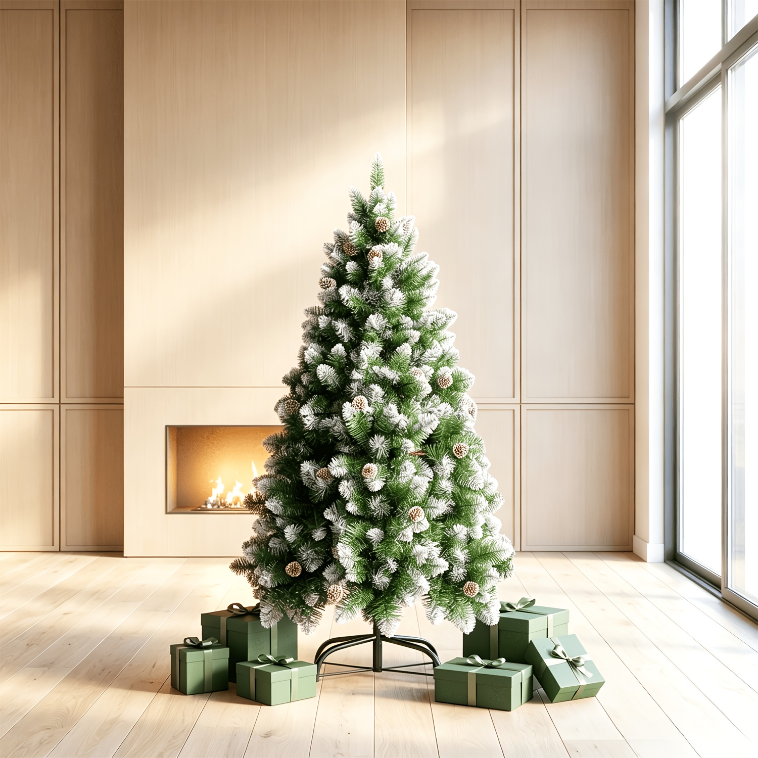 TEMU Arbre de Noël artificiel de 180 cm avec branches recouvertes de neige et pointes blanches, pommes de pin artificielles incluses, base en métal,