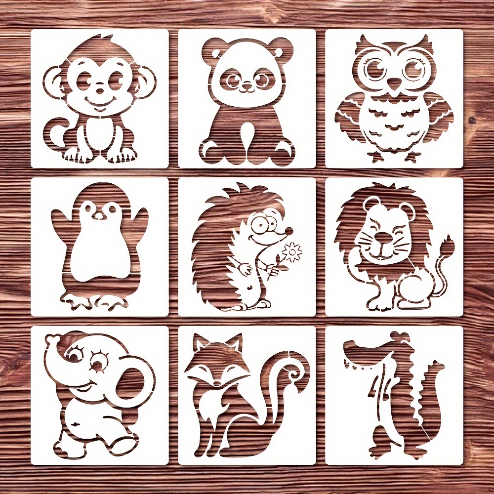 

9pcs Cute Animals Stencils Sets, 5.9 Inch Reusable Animal Stencil Reusable, Lion Elephant Owl Panda Plastic Drawing Template For Painting On Paper Card Canvas Wood Furniture Home Decor Diy Art Crafts