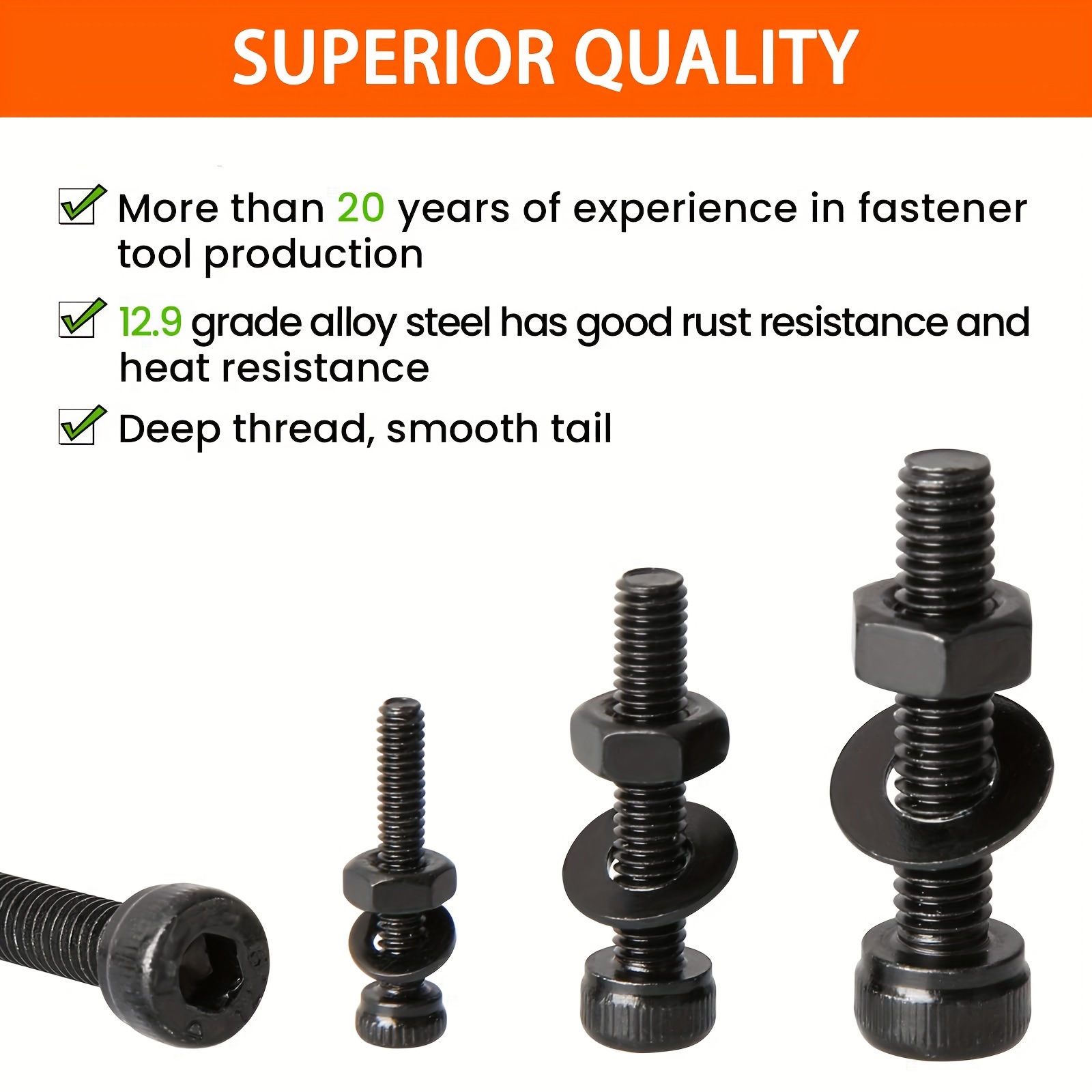 Surtido de pernos métricos de 1260 piezas, de 4 mm a 30 mm, acero aleado de grado 12.9, cabeza hexagonal, rosca a la derecha, kit de tornillos industriales, tuercas, arandelas, chapado en zinc negro, duradero y resistente a la corrosión.