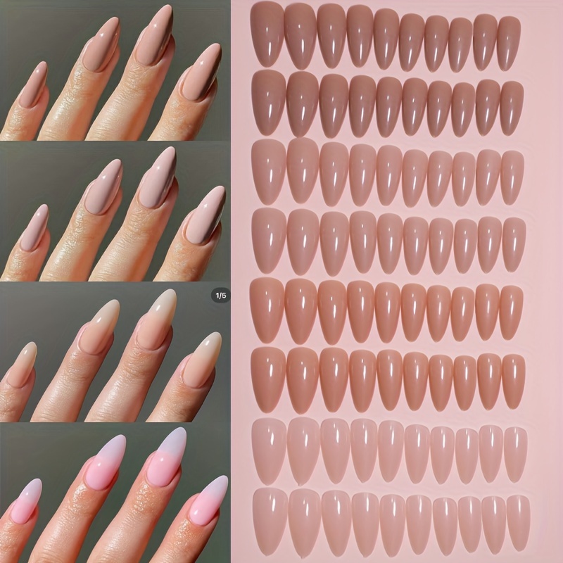 

96pcs Gradient Brown To -shaped Press-on Nails, Medium Length Pure Nude Acrylic False Nails Set With Jelly Glue - Elegant Reusable Gel