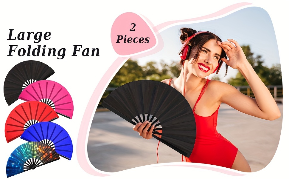 2pcs Large Folding Fan Handheld Nylon Cloth Foldable Hand Fan Chinese Kung Fu Fan Festival Decoration for Party Favors (Black, Simple Pattern) details 0