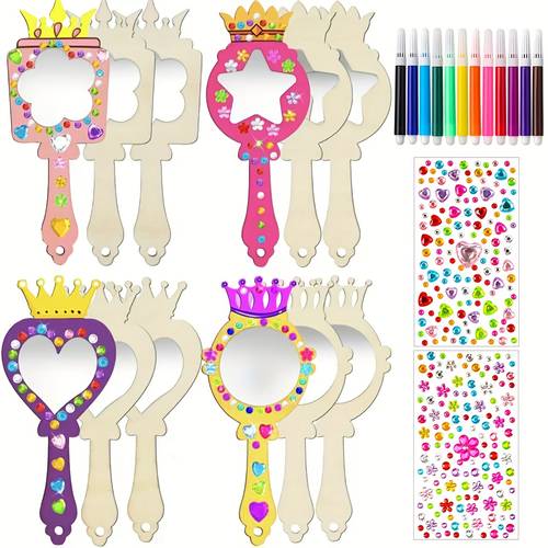 12pcs wooden mirror craft kit with 12 colored pencils 2pcs random diamond stickers painting handheld mirror decorative princess mirror suitable for art activities birthday gifts christmas party supplies