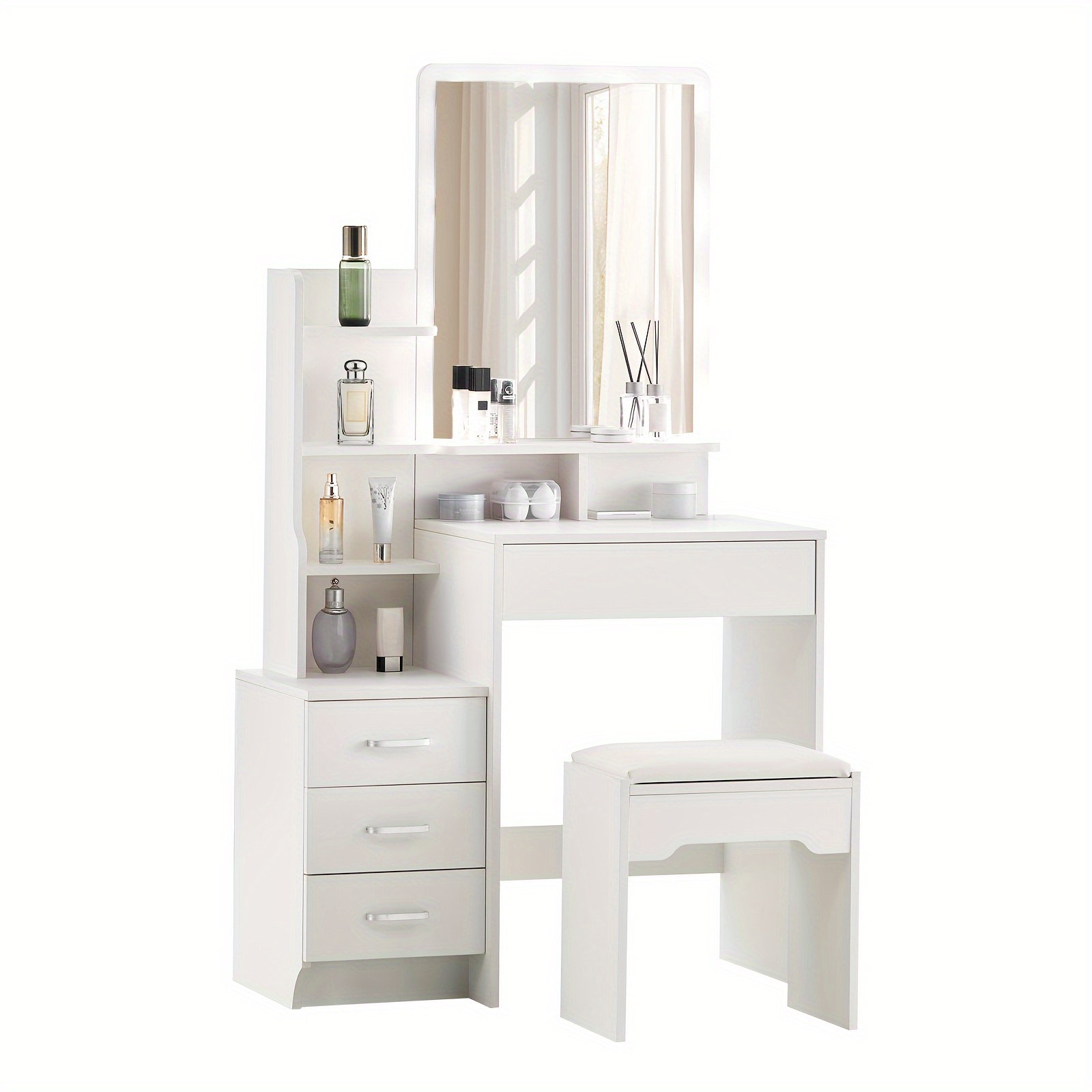 Image of Dressing Table With Mirror And Stool, 4 Drawers 6 Shelves Vanity Table Makeup Table White Modern Wooden Dresser For Bedroom