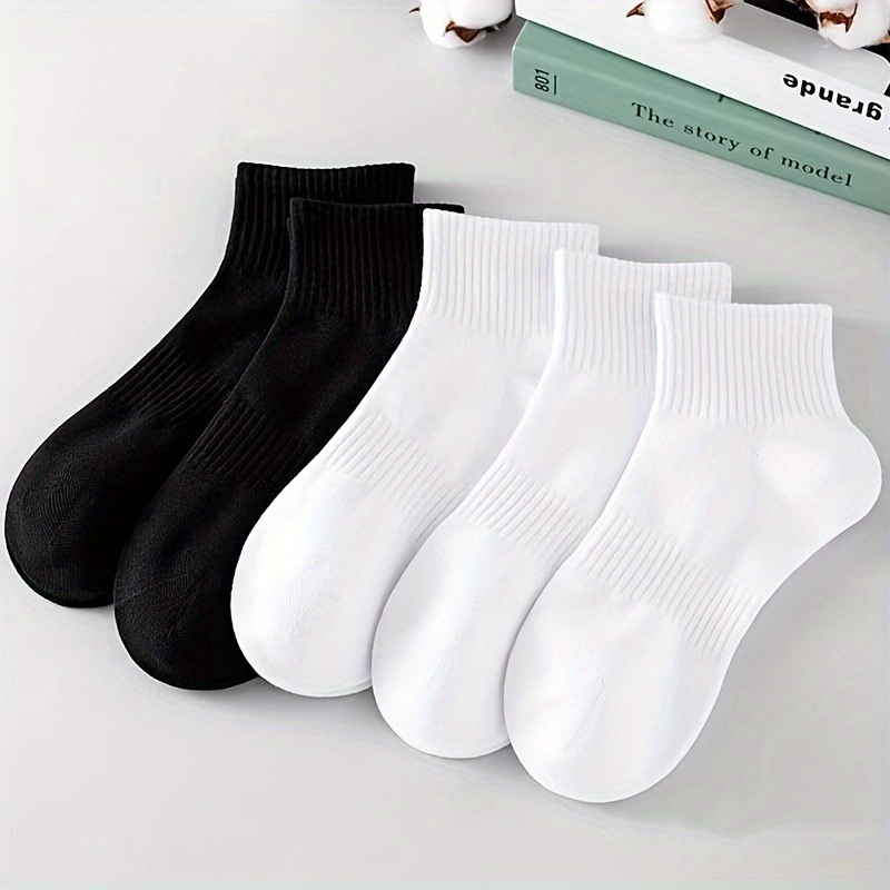 

5-pack Unisex Ankle Socks - Breathable Thin Cotton Blend Crew Liners, Moisture-wicking Anti-odor, Solid Color, Knit Fabric, Machine Washable - Black & White