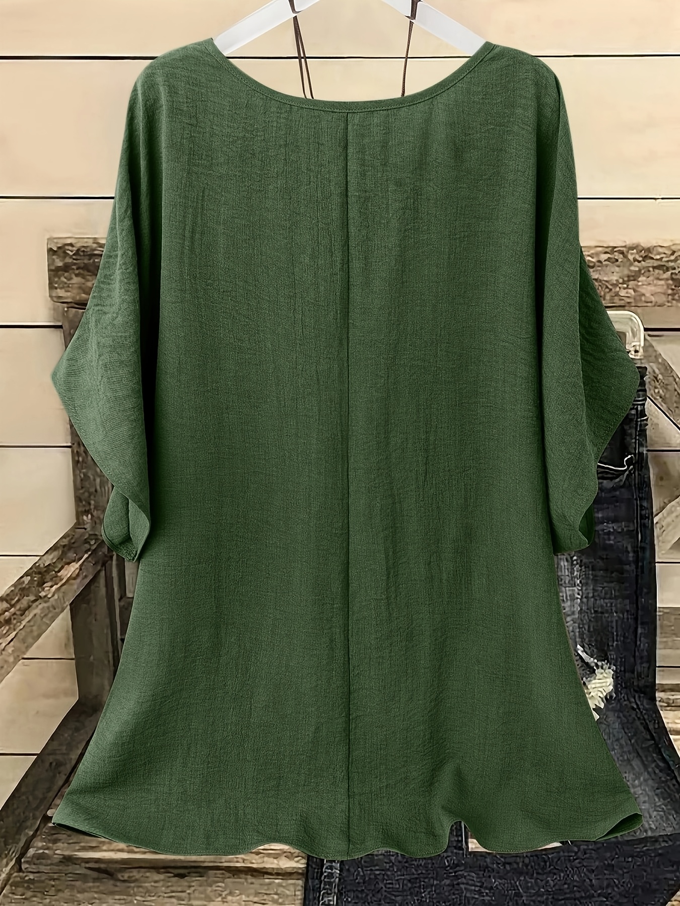 Plus Size, Plus Size Women's Casual Summer Batwing Sleeve Blouse - Olive Green Solid Color Round Neck Short Sleeve Shirt, Machine Washable & Dry Cleanable, Elegance Collection