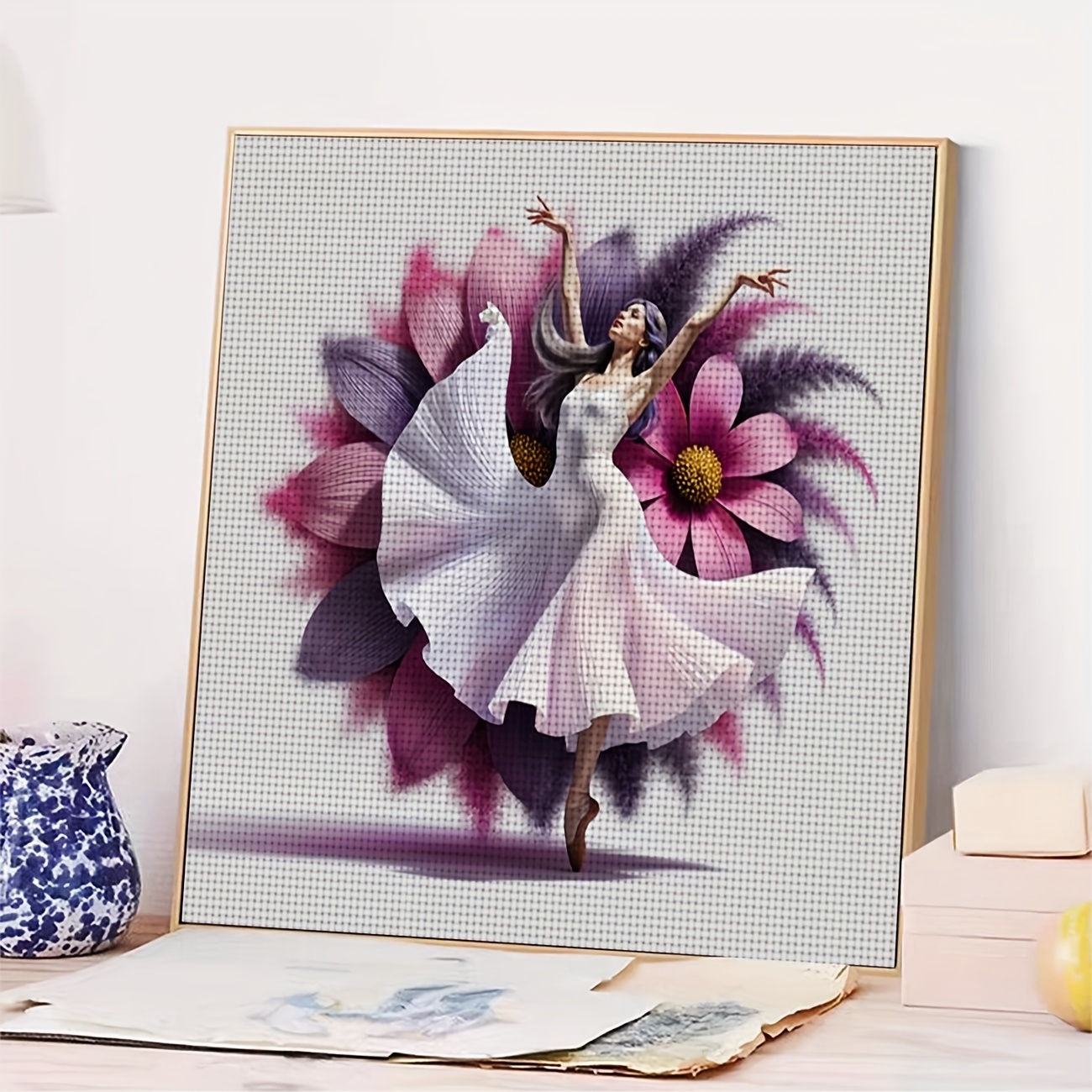 DIY Cross Stitch Print Kit, Frameless, Ballerina in Flowers Pattern