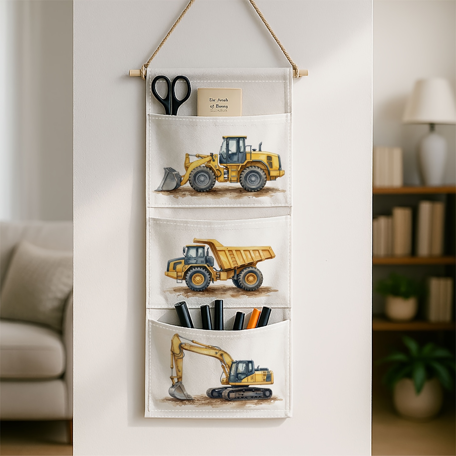 TEMU 1pc 3-pocket Wall Hanging Storage Bag,industrial Construction Vehicle-beige Yellow Decor, Fabric Organizer For Living