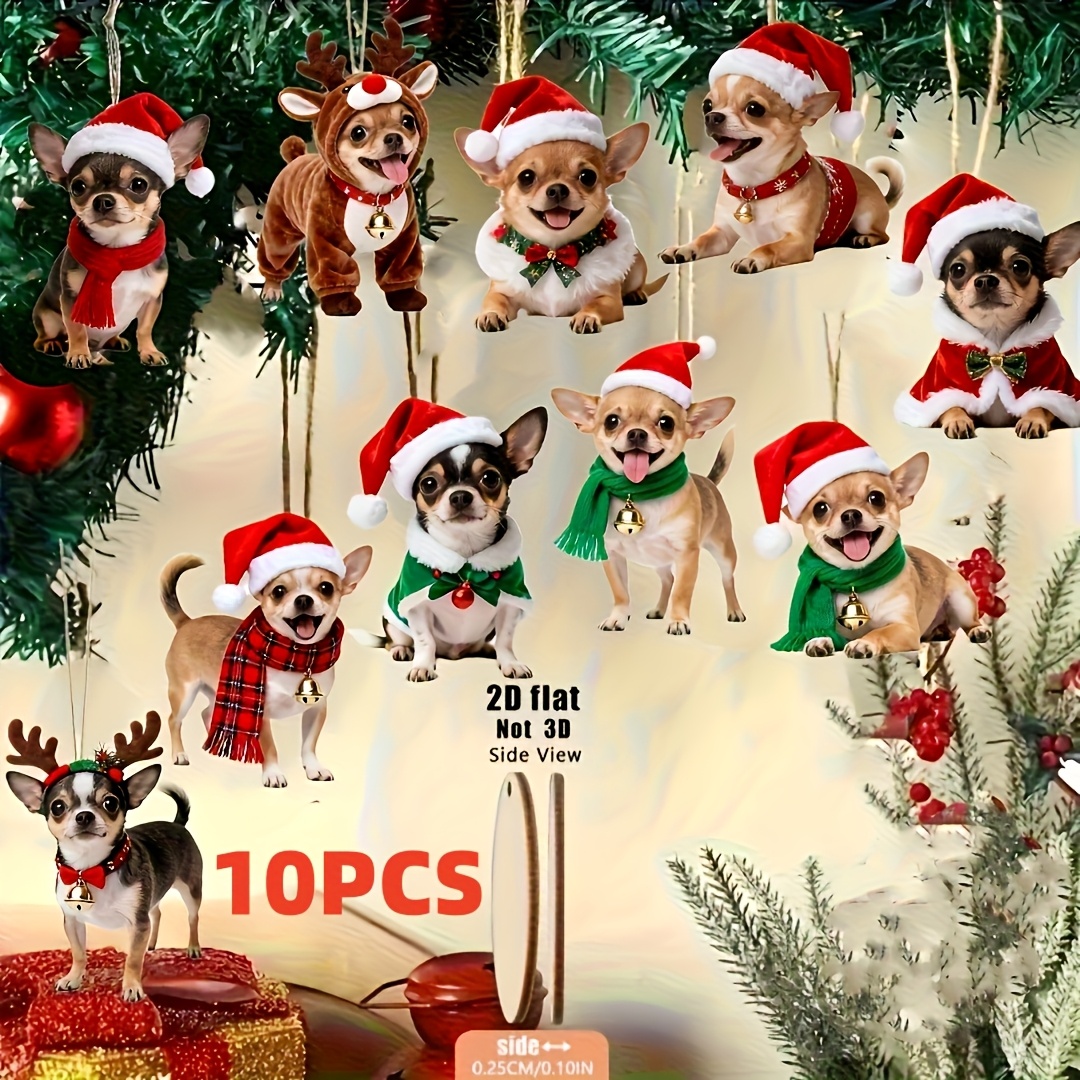 TEMU 2d Flat, 10pcs Cute Chihuahua Wooden Christmas Ornaments, Christmas And New Year Decorations, Holiday Decorations, Party Gathering Decorations,