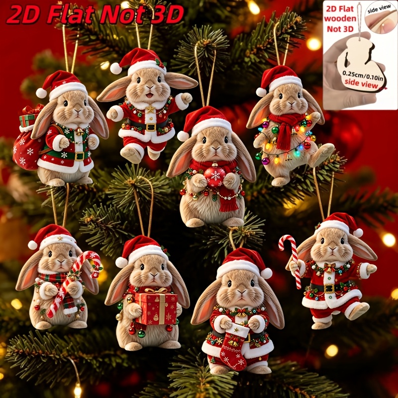 TEMU 2d Flat, 8pcs Set Of Cute Brown Lop-eared Rabbit Wooden Hanging Ornaments. Adorable Brown Lop-eared Rabbits In Christmas Outfits. Christmas Tree