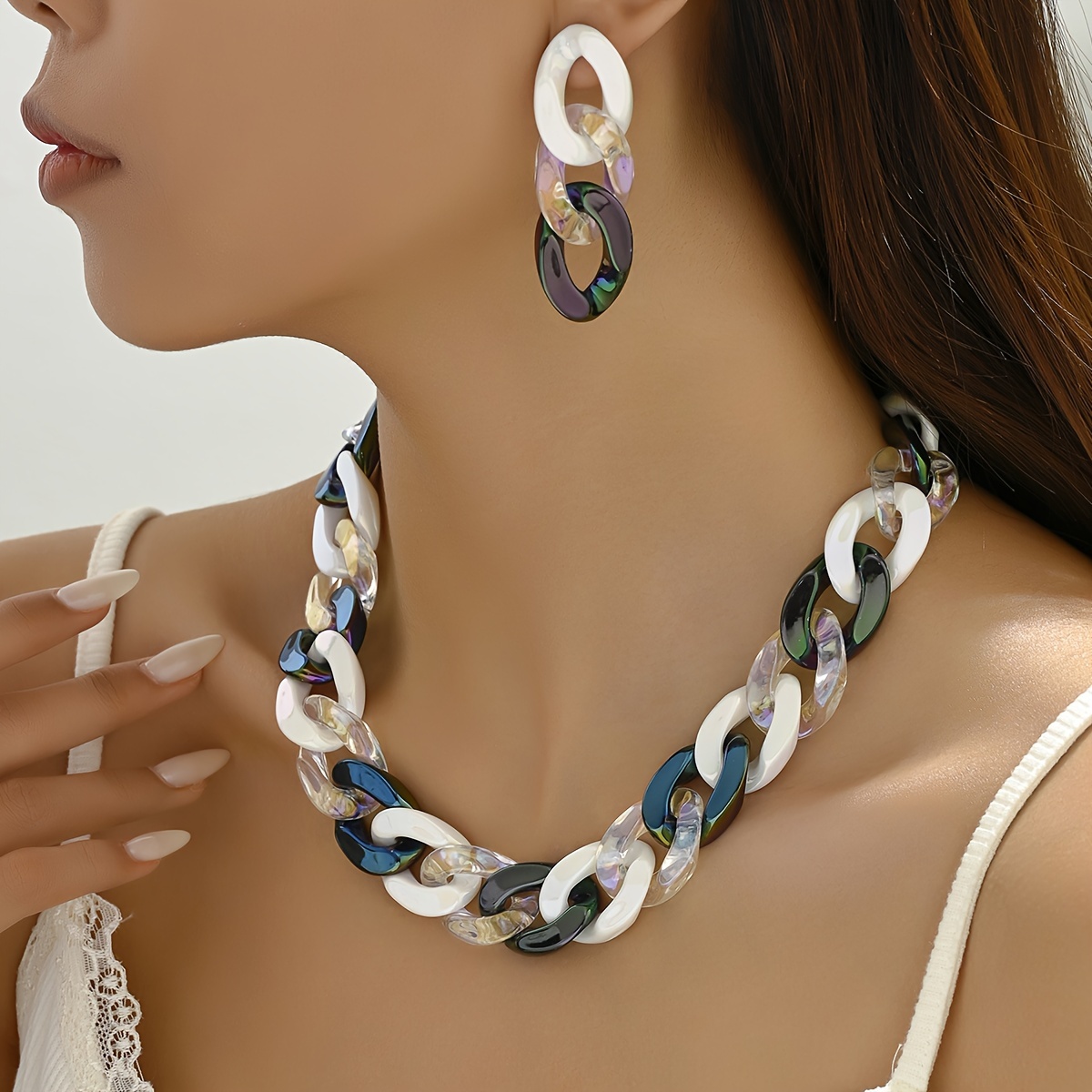 

Acrylic Gradient Color Link Chain Necklace & Earrings Set, Cute Style, Women's Fashion Jewelry For Daily Wear & Parties