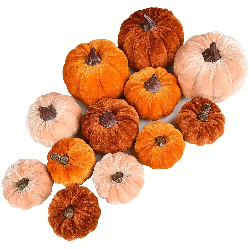 12pcs Fall Artificial Pumpkins 3 Sizes Velvet Pumpkins Khaki Small Foam Pumpkins Autumn Decorations Harvest Thanksgiving Halloween Party Decorations