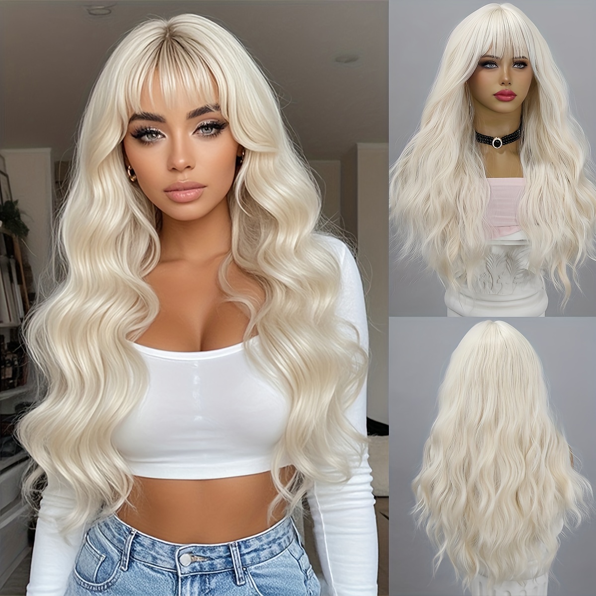 TEMU Platinum Wig With Bangs And Long Curly Hair-elegant Synthetic Wig For Women' Use-easy To Shape And , Suitable For Halloween Christmas Parties