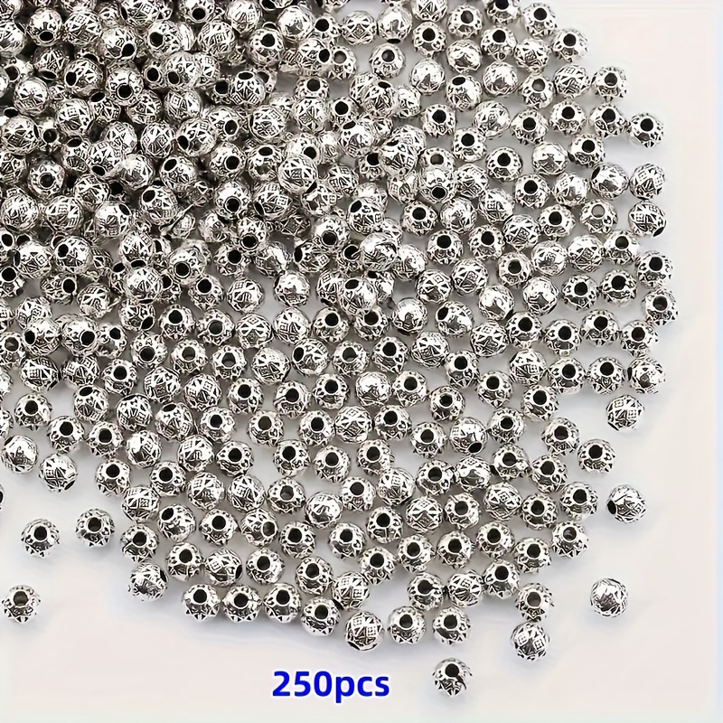 TEMU 250 pièces de perles rondes en argentée antique 4mm avec motif floral, pour la création de bijoux DIY et boucles d'oreilles - pour famille et