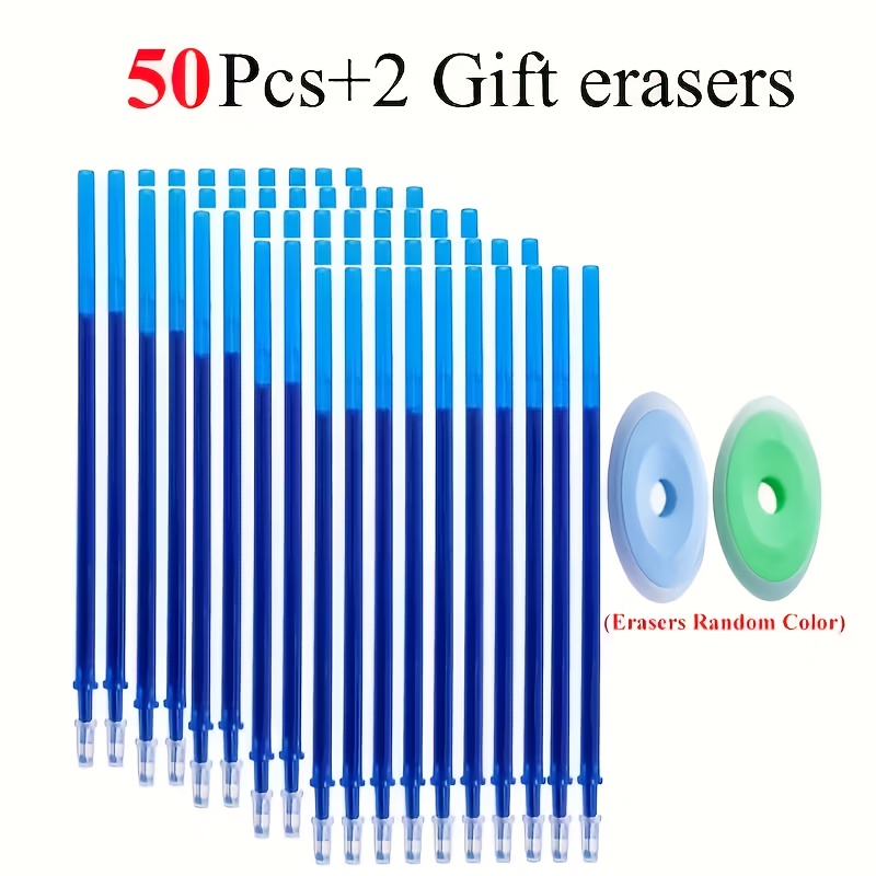 Image of 102/52-pack Erasable Gel Ink Refills, 0.5mm Heat-erasable Blue Writing Refills, Smooth Writing, Essential Back-to-school Stationery, Includes 50/100 Refills + 2 Erasers