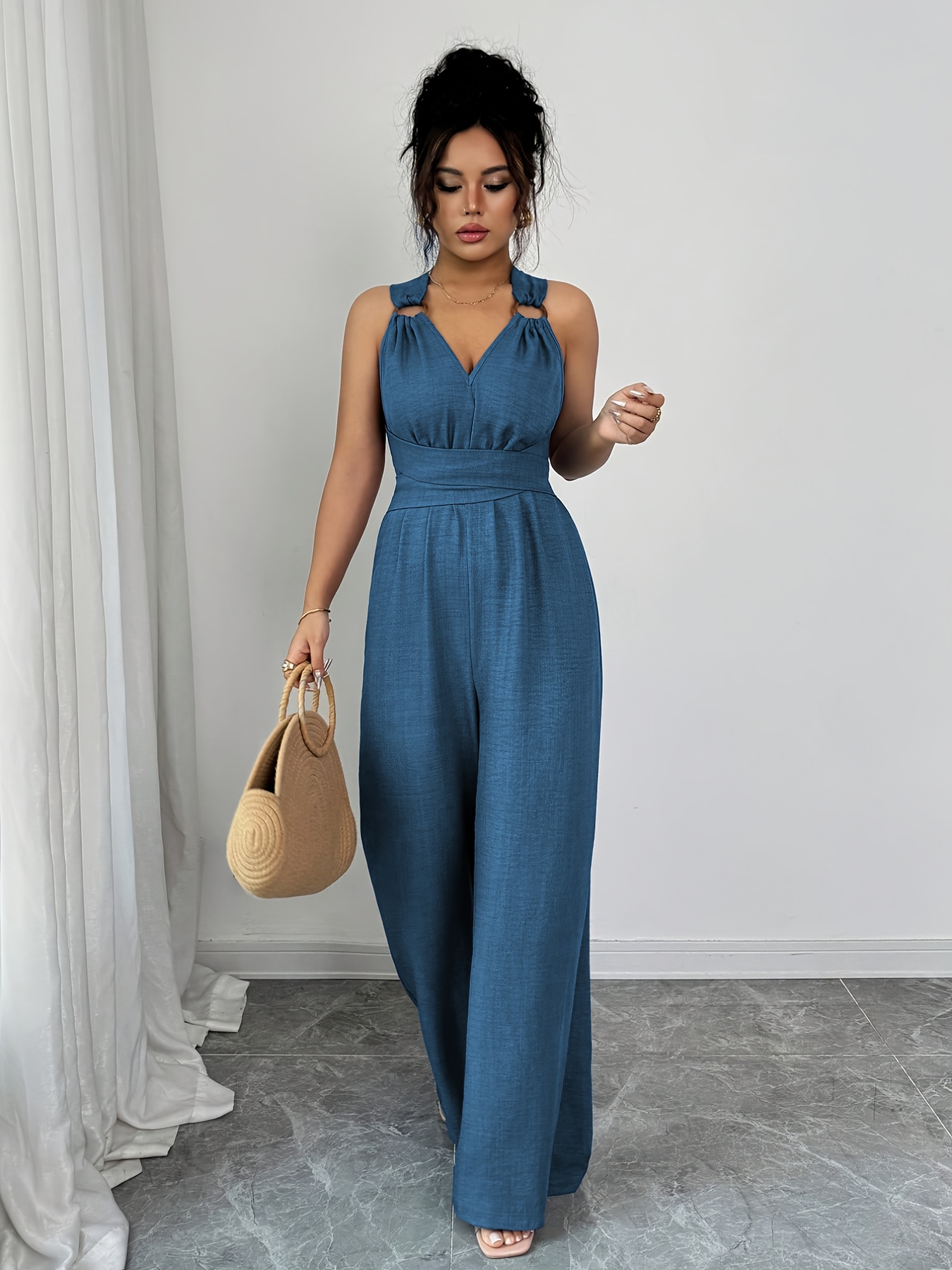 womens elegant v neck wide leg jumpsuit wrapping side Temu Canada