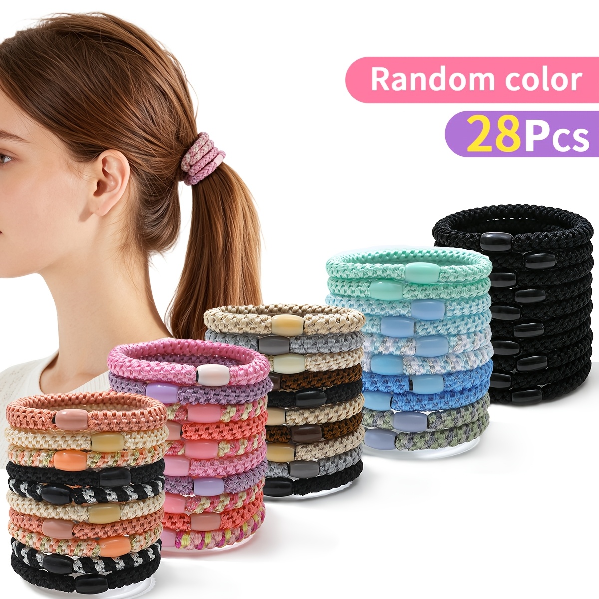 TEMU 28pcs Random Colors Elastic Women's Headbands, High-elastic Hair Ties, Non-damage Ponytail Holders - Designed For Women' Hairstyle Additions,