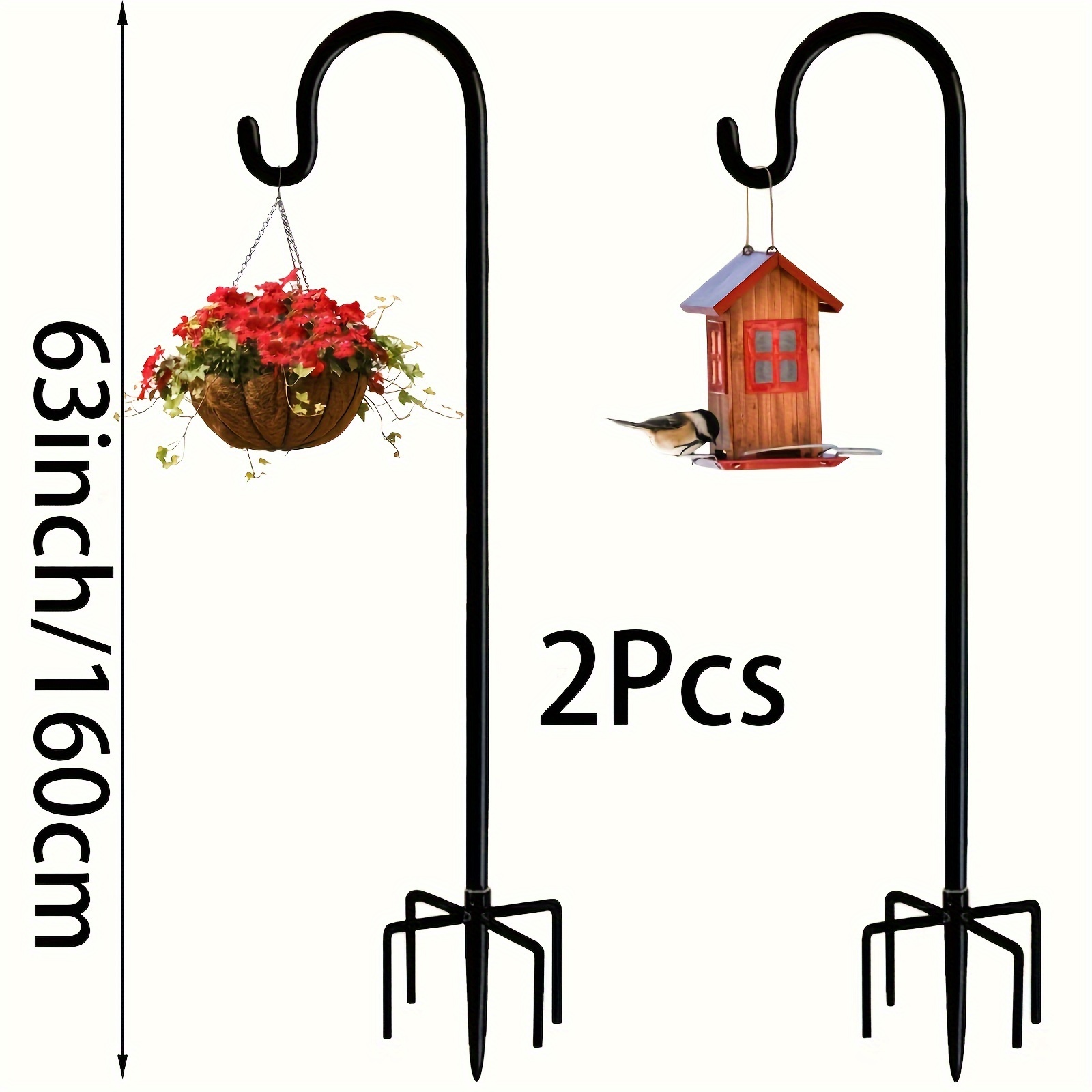 Image of Set Of 2 Outdoor Garden Shepherd Hooks Featuring A 5-prong Base, Designed To Hold Bird Feeders, Adjustable Heavy-duty Solar Light Plant Lanterns, And Suitable For Wedding Decorations In Black