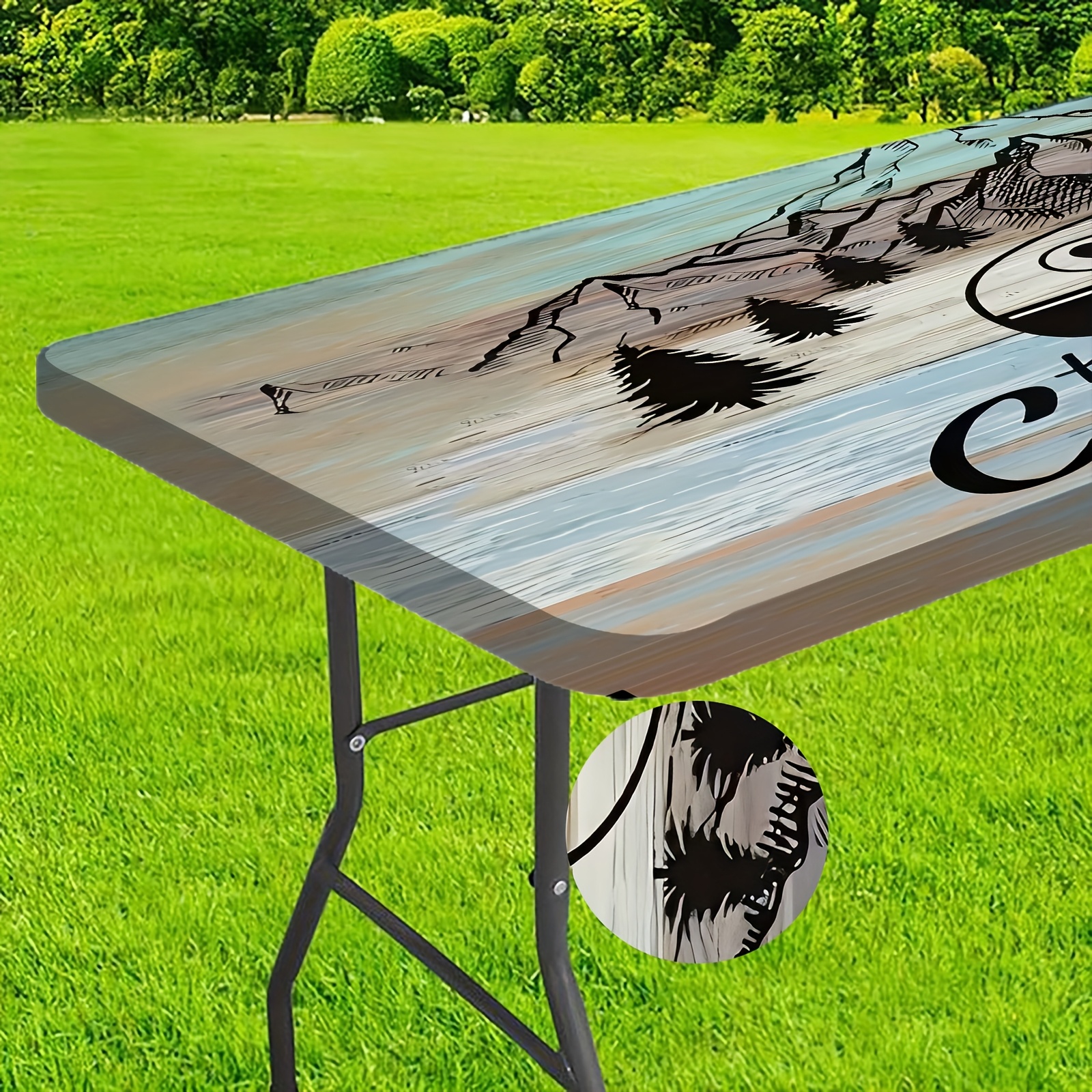 1pc 6 Foot Mountain Striped Fitted Table Cover With Elastic Edges For Rectangular Table, Rectangle Table Cloth For Outdoor Picnic Camping, Rectangular Tablecloth For Home Decor