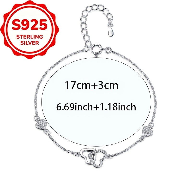 Women's S925 Silver Heart Interlocking Bracelet, Elegant Minimalist Gift