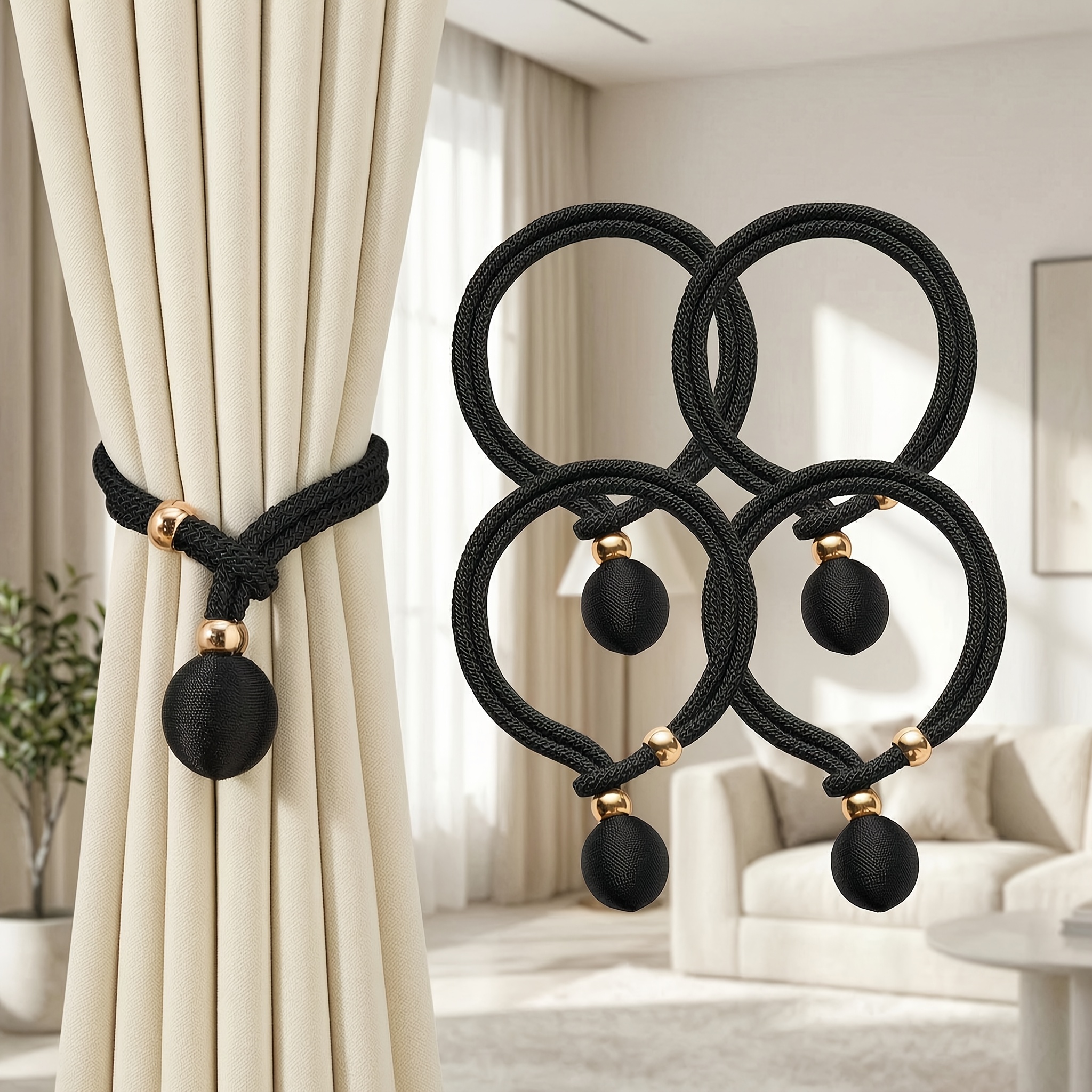 TEMU 4-pack Adjustable Curtain Tiebacks, Convenient Drapery Holdbacks With Decorative Tie Straps, No-drill Curtain Accessories, Suitable For Bedroom,