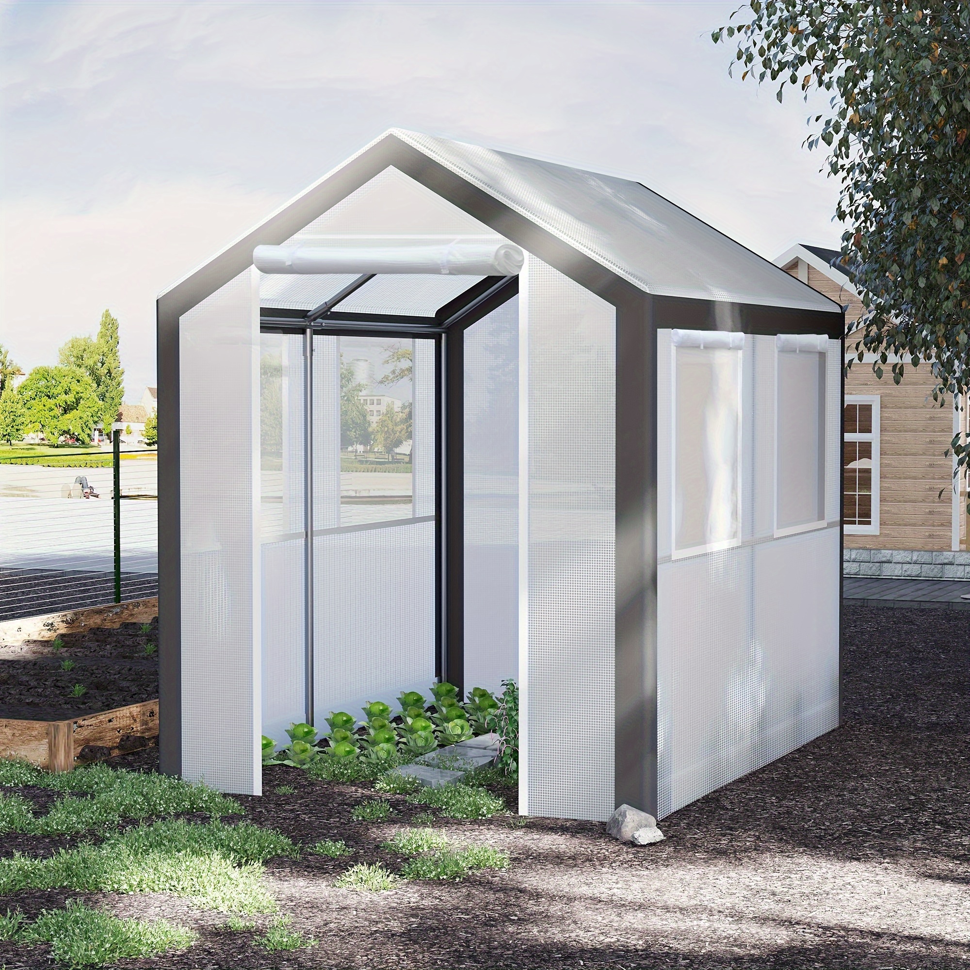 

Outsunny 8' X 6' X 7' Walk-in Greenhouse, Outdoor Garden Warm Hot House With 4 Roll-up Windows, 2 Zippered Doors And Weather Cover, White